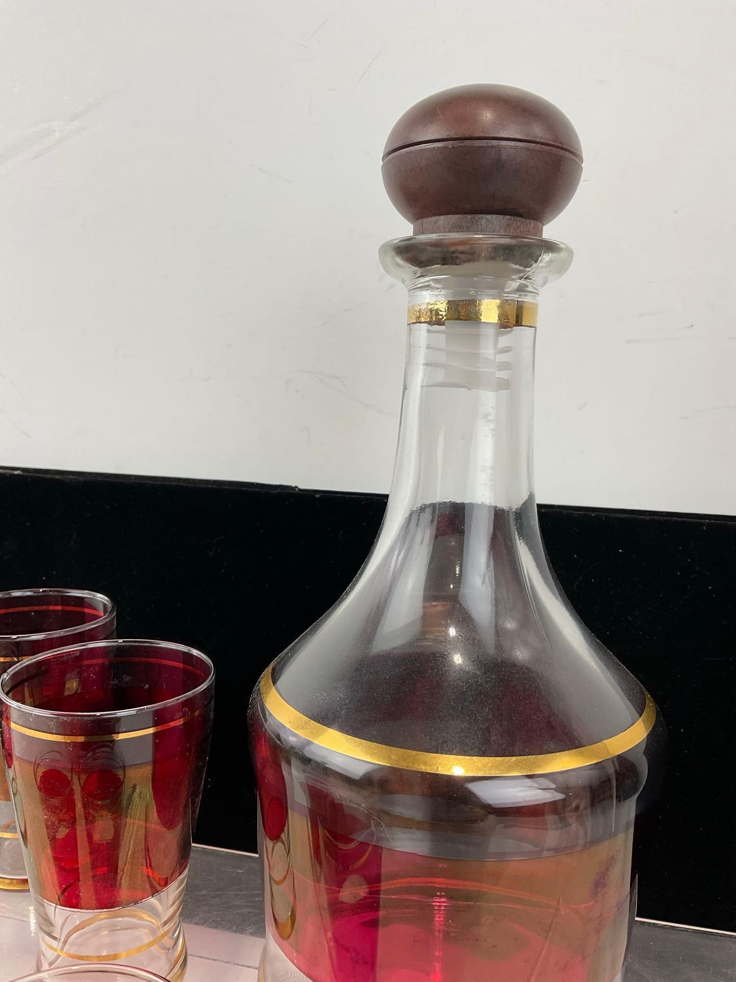 Mid Century Cranberry & Clear Glass Decanter & 5 Drinking Glasses, w/gilt details - 2