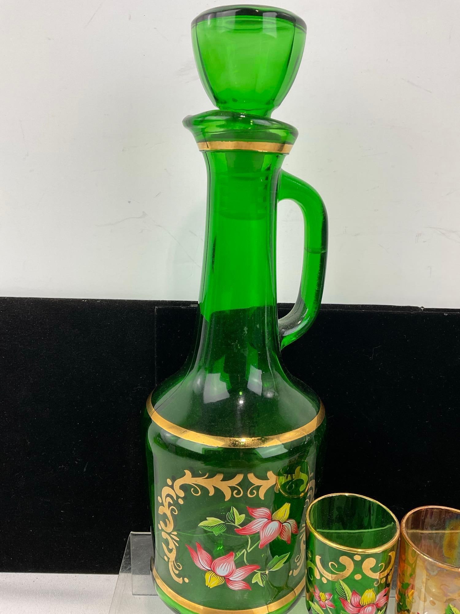 Handpainted Italian Emerald Decanter & Clear Art Deco Decanter, 4 Small Shot Glasses, Handpainted - 2