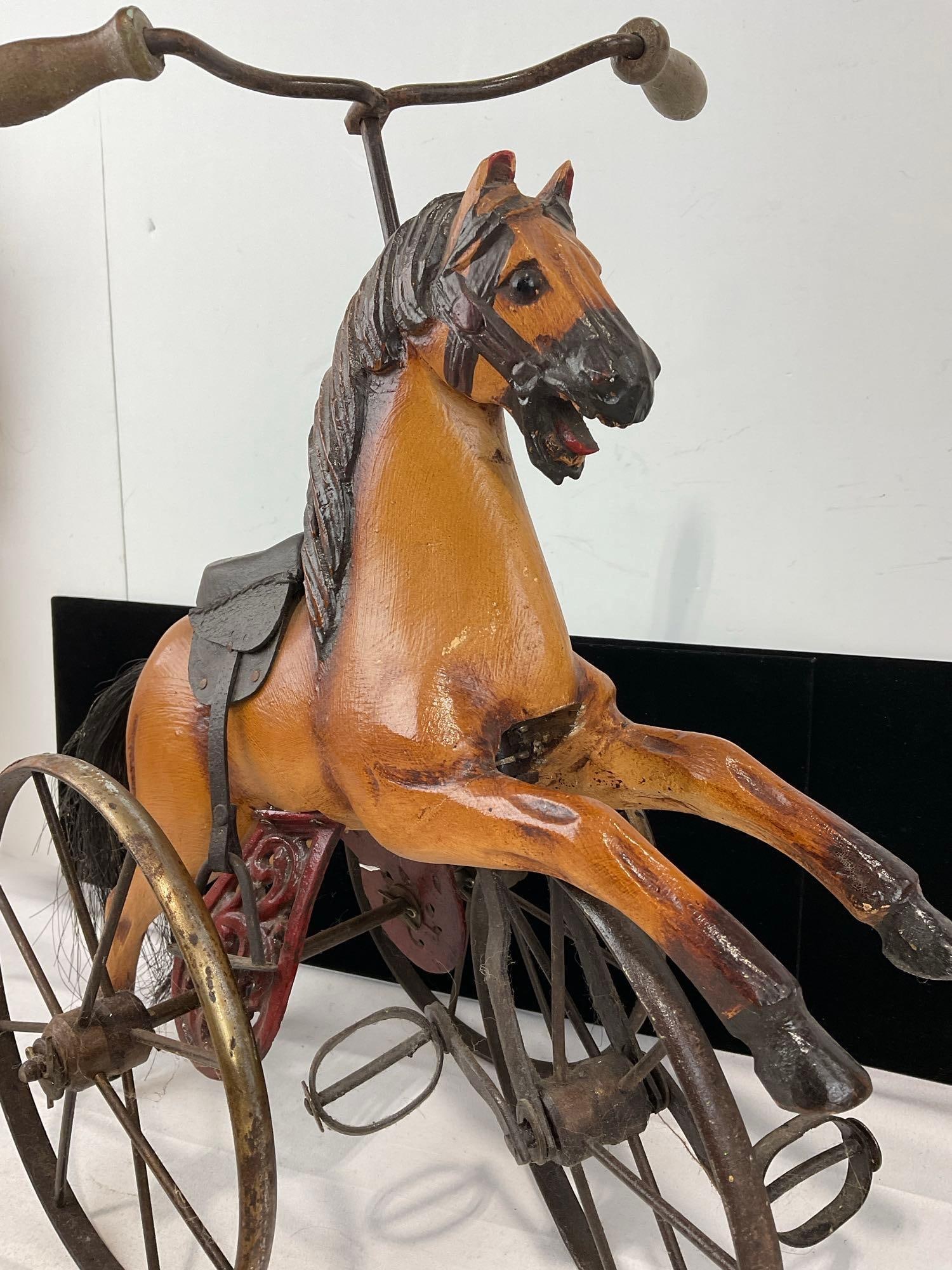 Antique Carved Wooden Horse Tricycle, Leather saddle, Metal Stirrups, Spoked Wheels, 18x15x10 inc... - 2