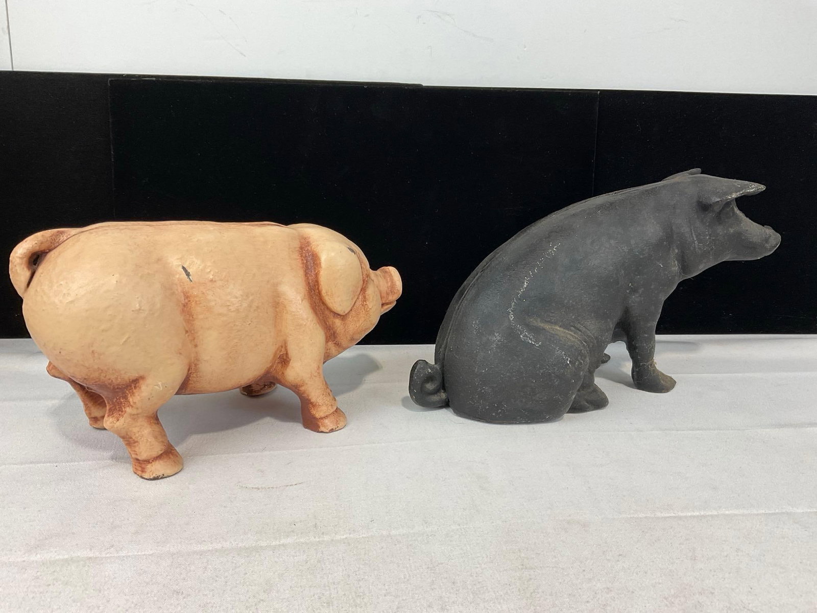 Pair of Cast Iron Pig Coin Banks, 1 Pink finish, and 1 unfinished, possible repros - 2