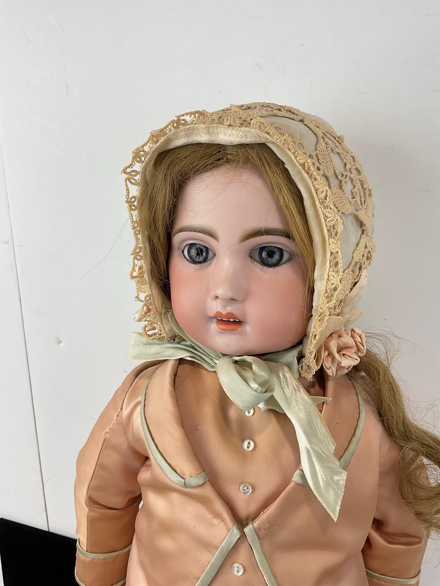 Antique French Baby Figure, Bebe Jumeau Diplome dHonneur, Pale Pink lace skirt dress, 24 inches t... - 2
