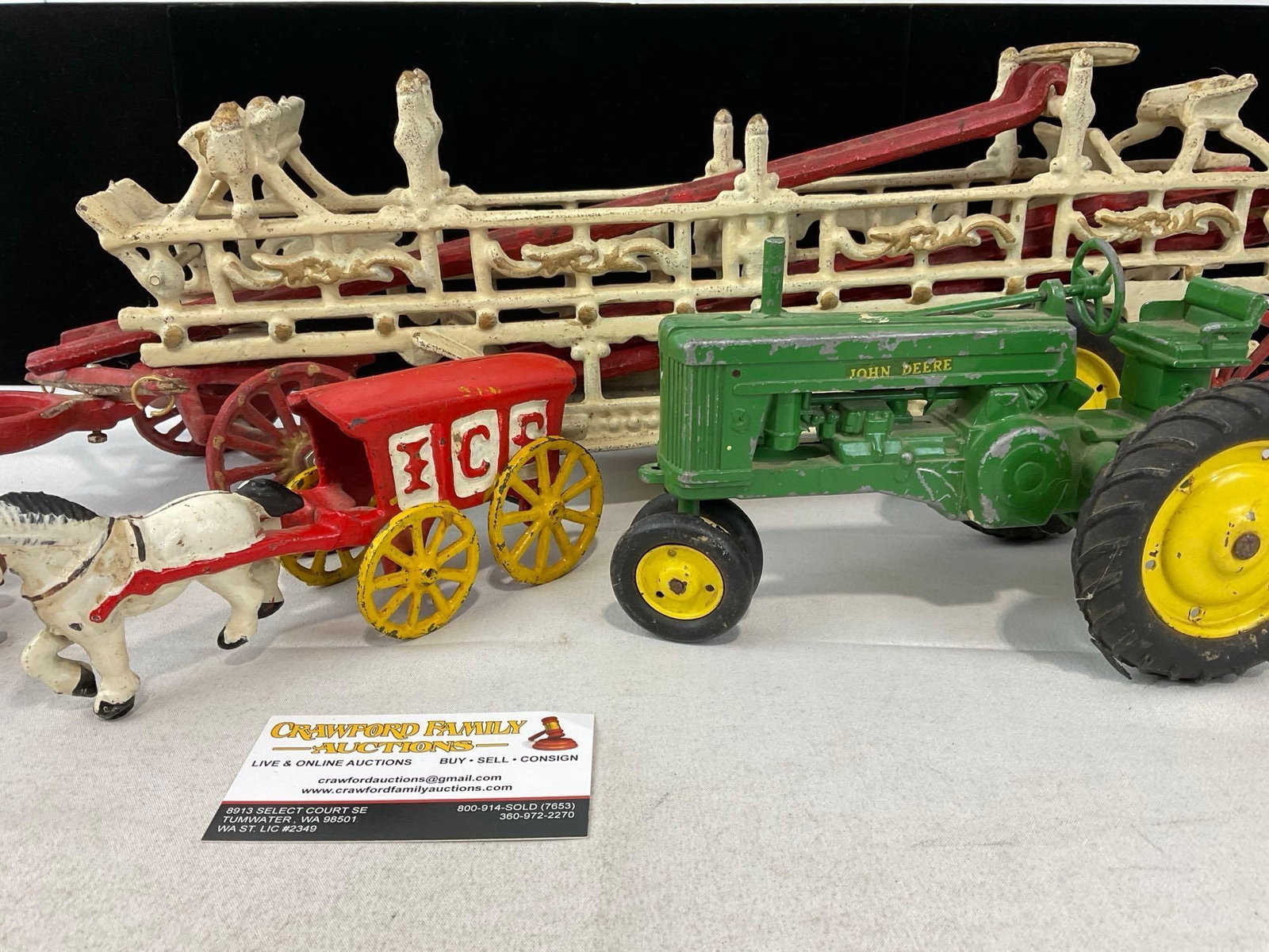 Vintage Cast Iron Toys, Horse Drawn Fire Ladder Truck, Ice Horse Cart, John Deere Tractor piece - 2