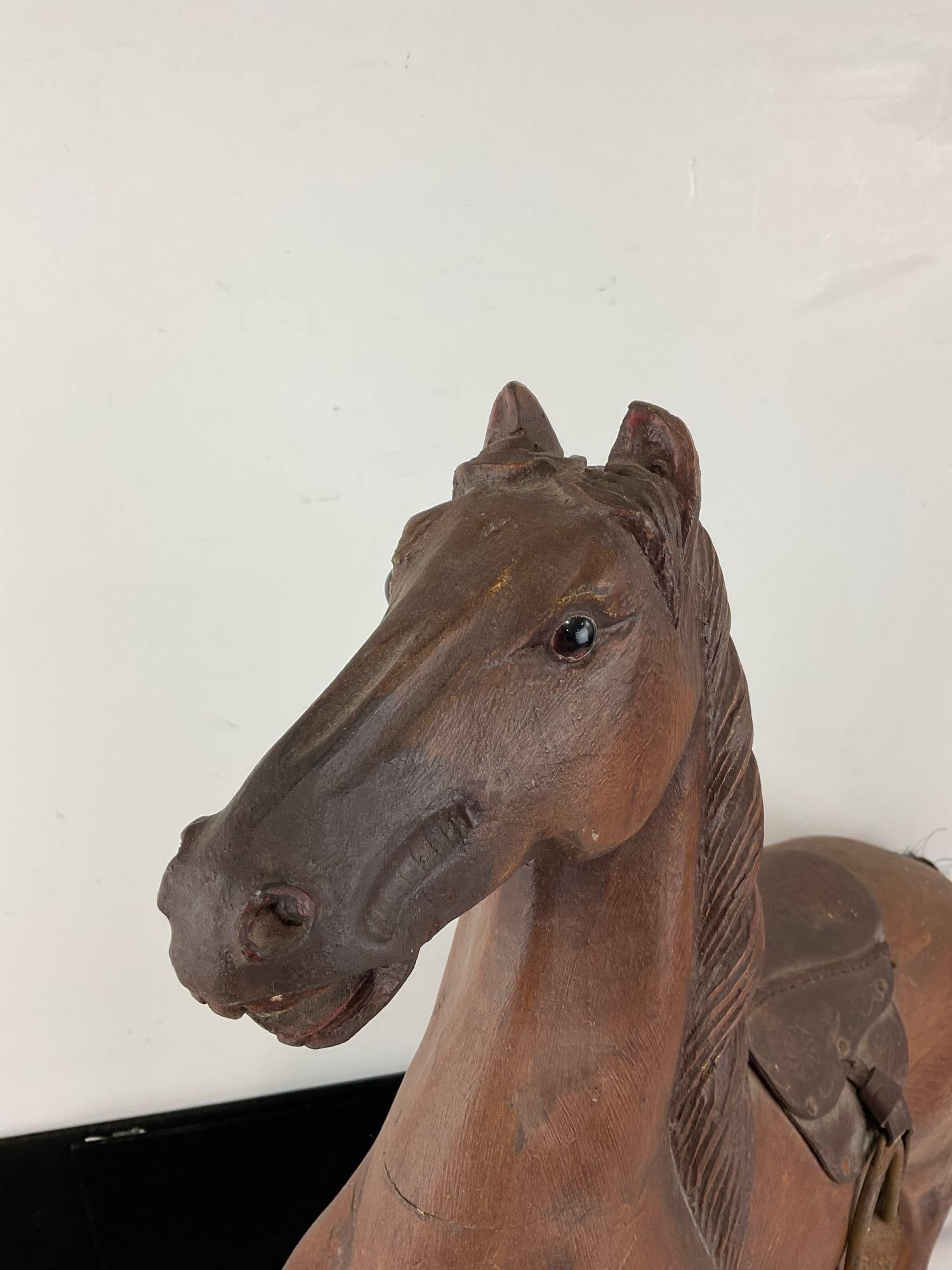 Vintage /Antique Wooden Horse Sculpture w/Leather Saddle, Cast Iron Stand, shows wear from the ye... - 2