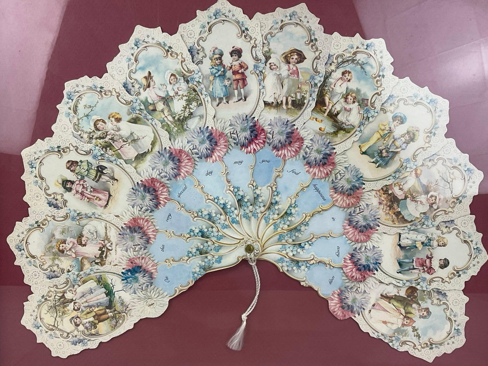 Framed Shadowbox, Antique Diecut Fan w/Victoran Style Illustrations, Floral & Ornate Details - 2