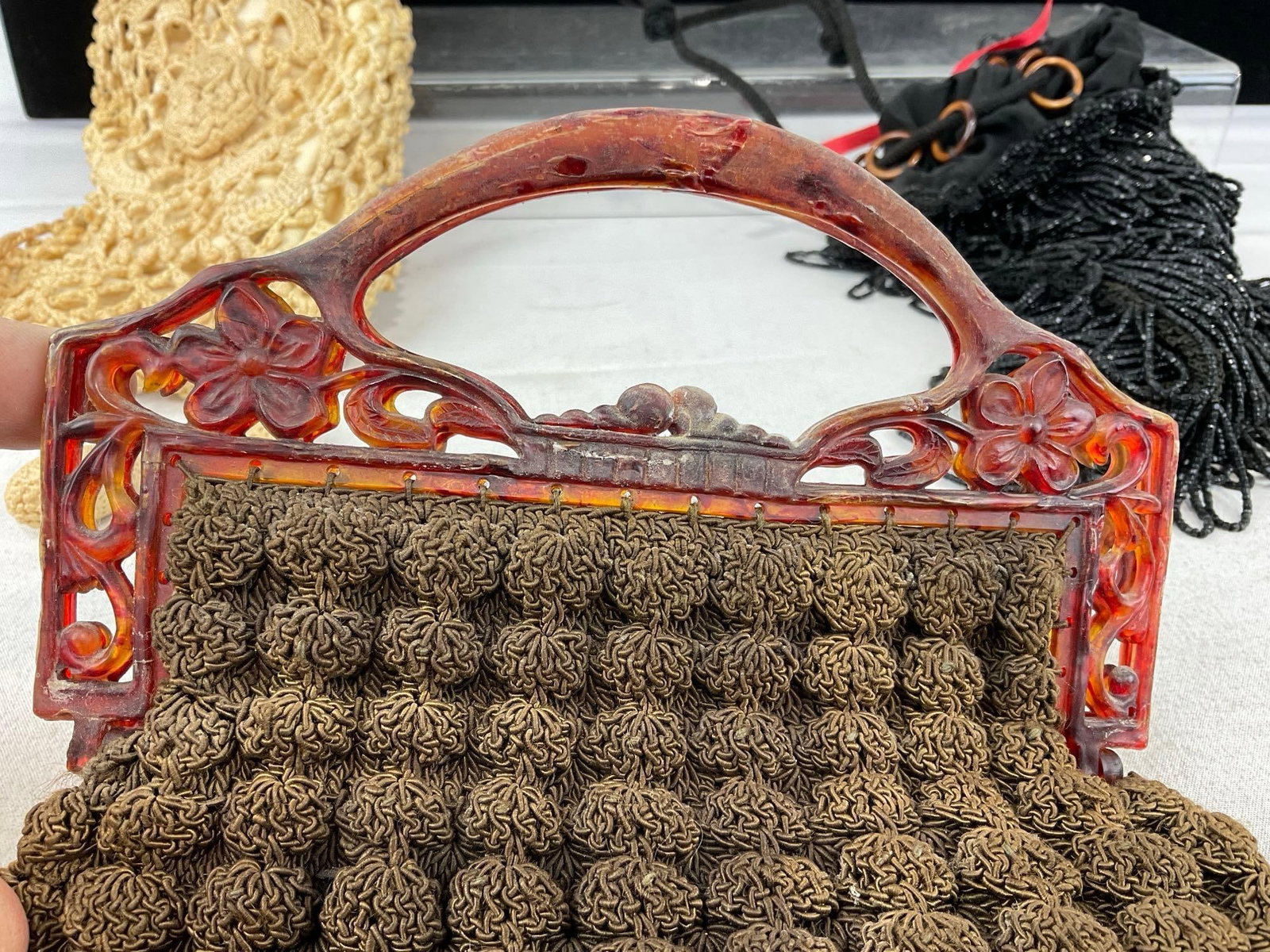 3 Vintage Purses, Knotted piece, Brown Woven piece w/Bakelite Handle, & Black Beaded Piece - 2