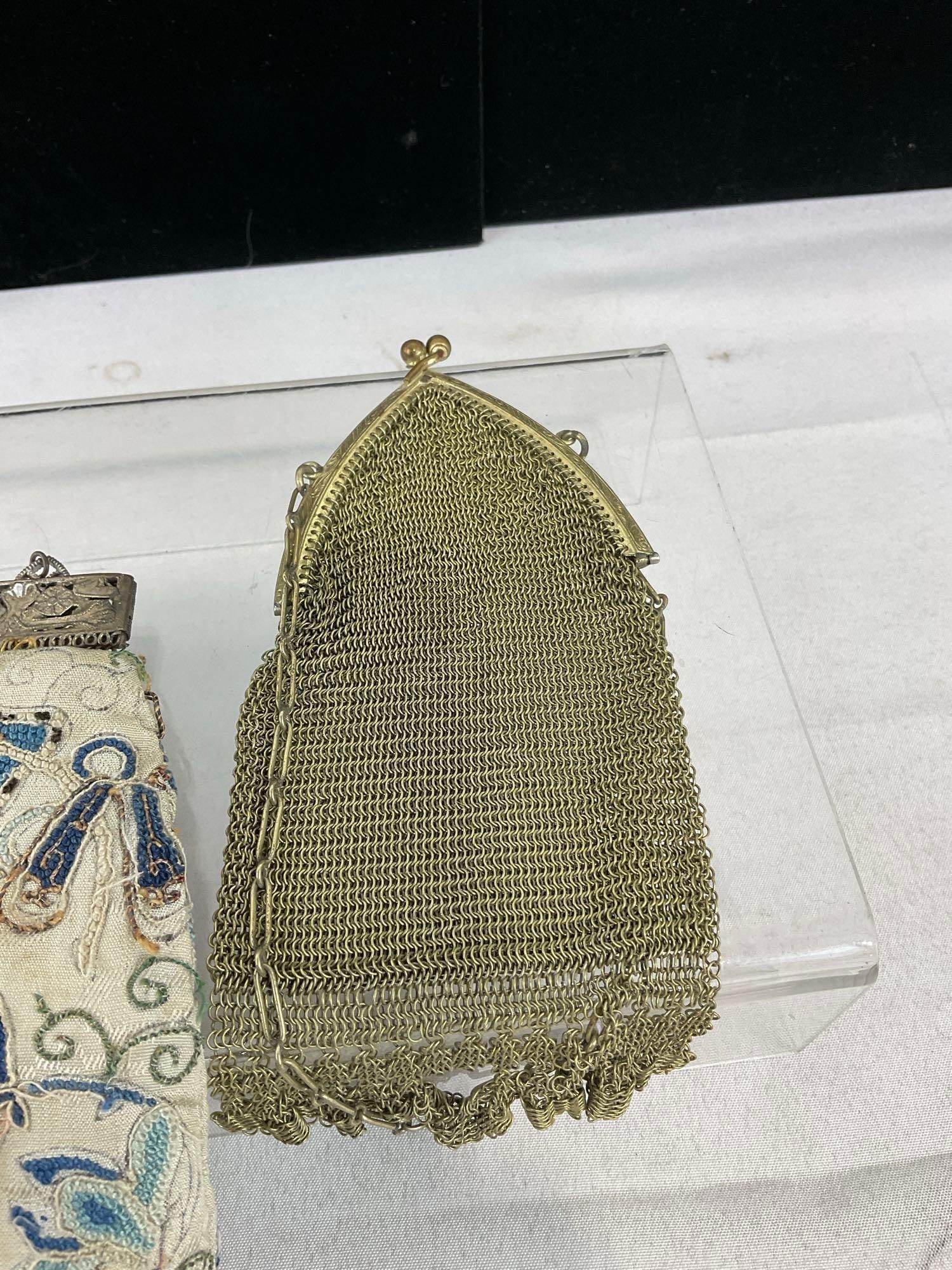 3 Antique Purses, 2 Mesh pieces w/some wear, Embroidered piece w/Repousse Clasp w/coral stones - 2