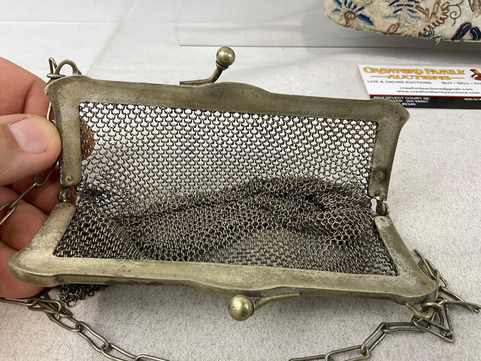 3 Antique Purses, 2 Mesh pieces w/some wear, Embroidered piece w/Repousse Clasp w/coral stones - 7