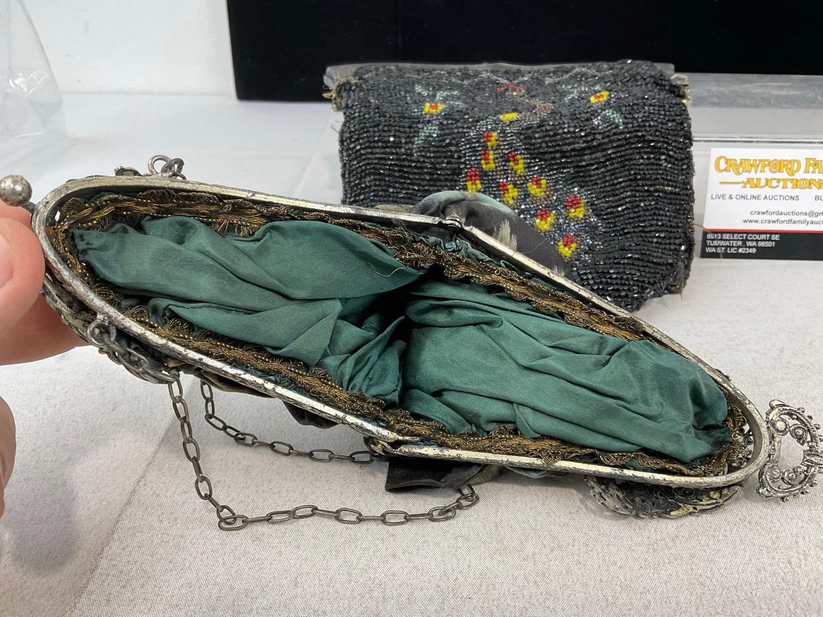3 Antique Purses, Peacock Design w/Repousse Clasp, Dark Beaded Coin Purse & Filigree Metal piece - 7