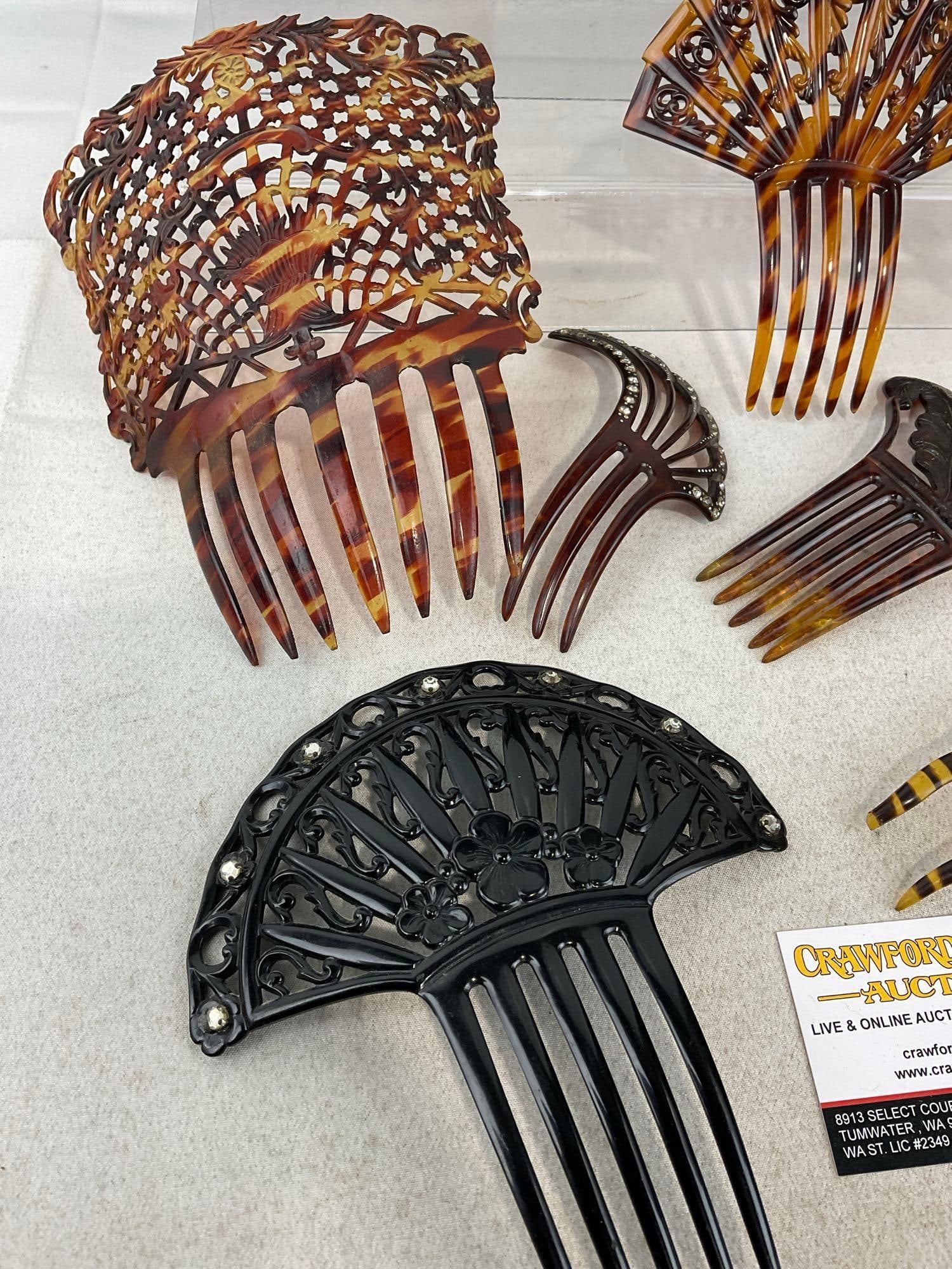 Collection of 8 Bakelite/Celluloid Vintage Combs, Faux Tortoiseshell Designs - 2