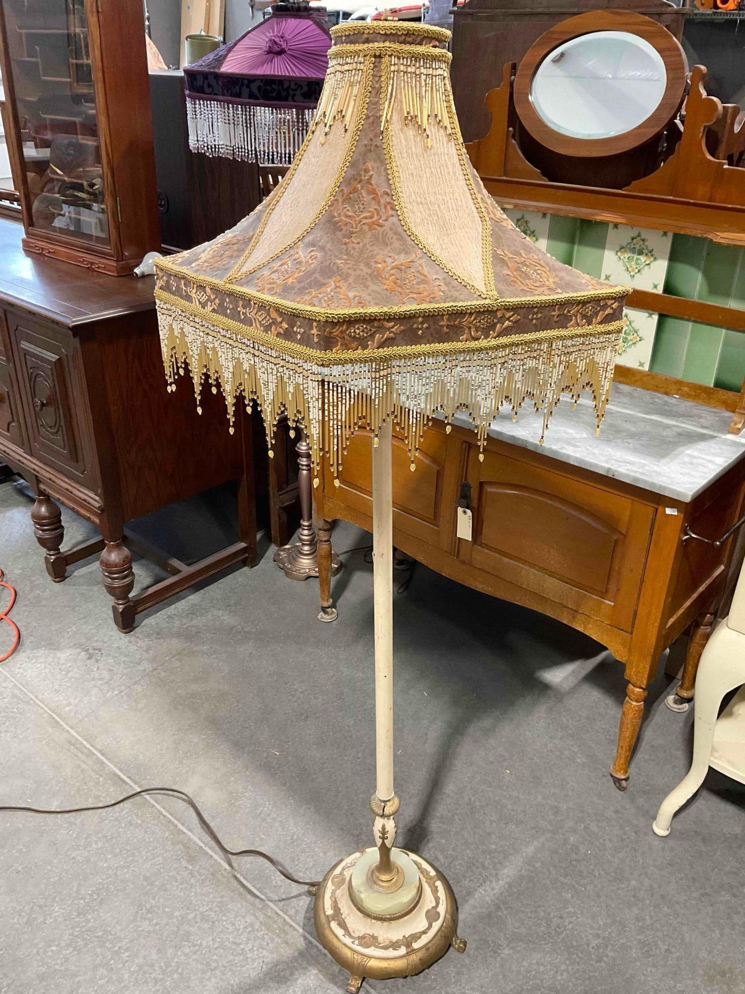 Antique Four-Light Brass Floor Lamp w/ Beaded Fabric Shade & Onyx Accent. Tested, See Desc. - 2