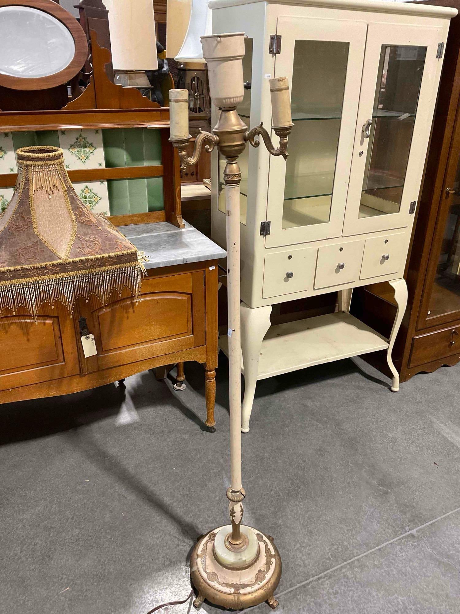 Antique Four-Light Brass Floor Lamp w/ Beaded Fabric Shade & Onyx Accent. Tested, See Desc. - 7