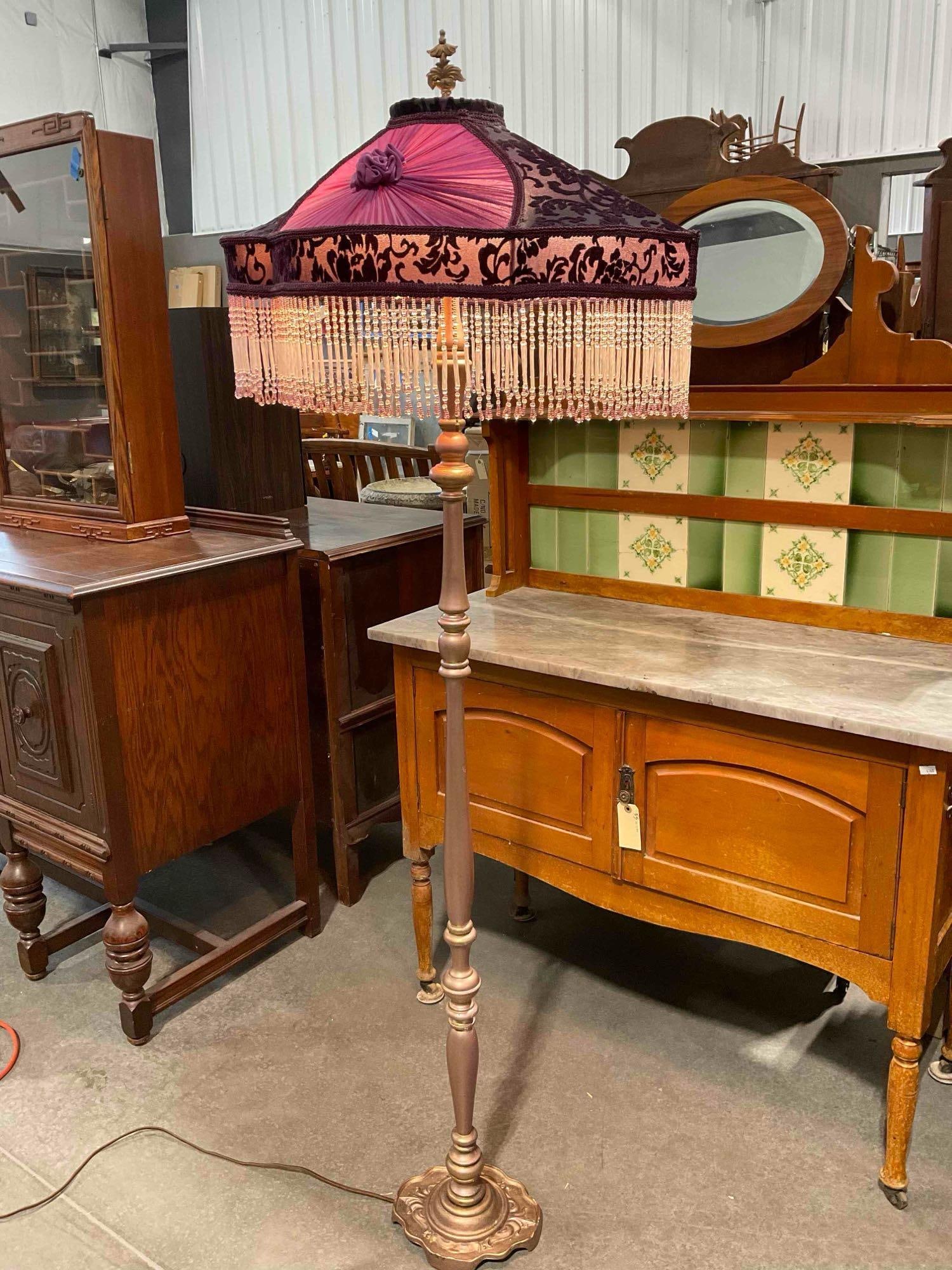 Antique 2-Light Wooden Floor Lamp w/ Beaded Purple Fabric Shade. Tested, Works. See pics. - 2