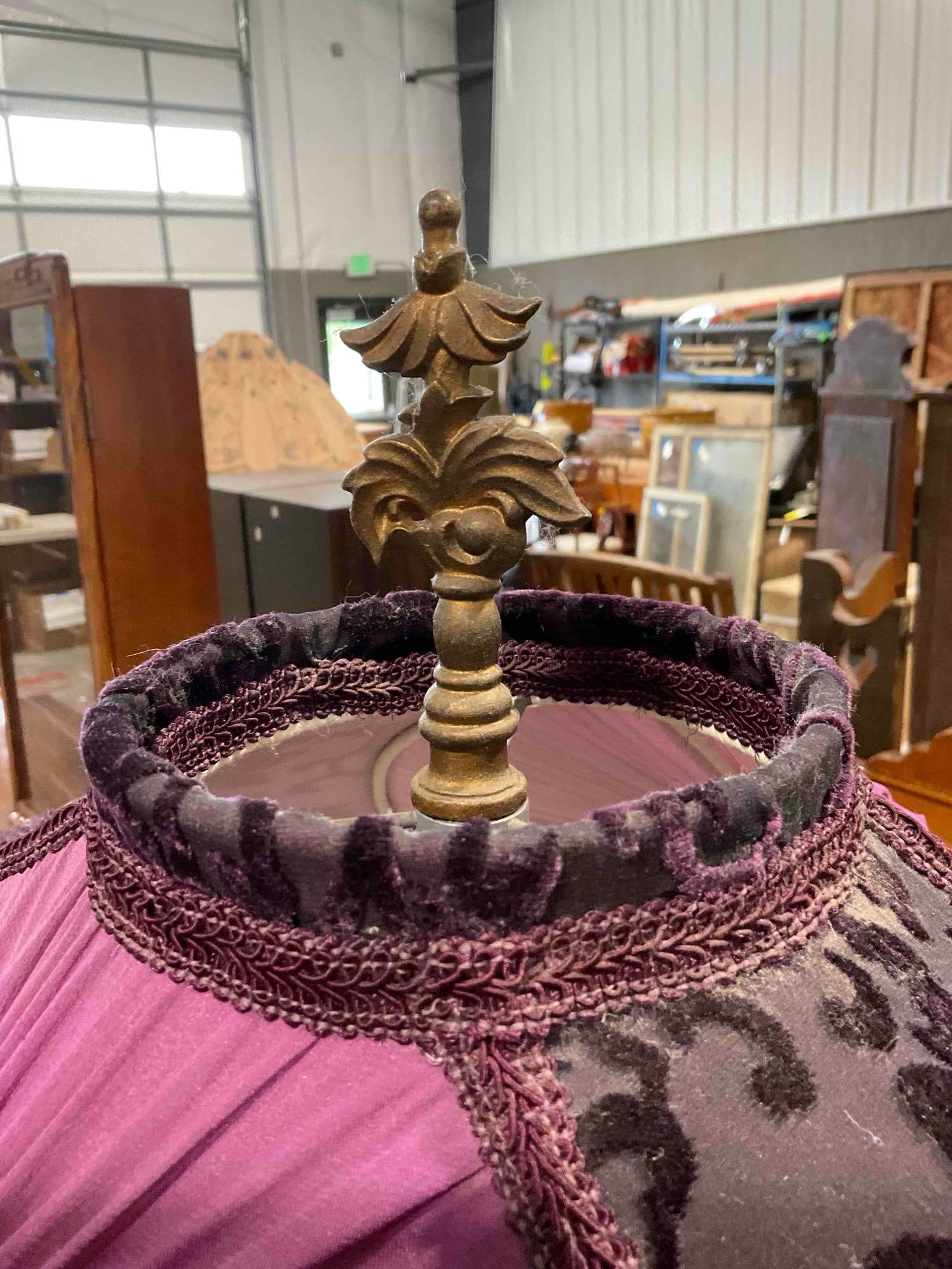 Antique 2-Light Wooden Floor Lamp w/ Beaded Purple Fabric Shade. Tested, Works. See pics. - 7