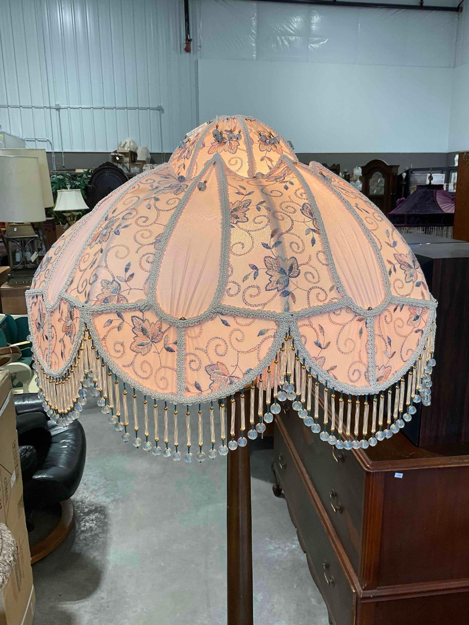 Antique 2-Light Wooden Floor Lamp w/ Pink Beaded Fabric Shade. Tested, Works. See pics. - 2