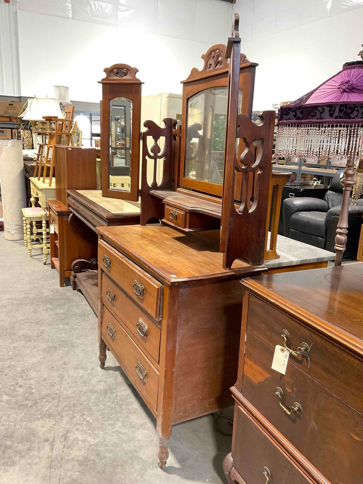 Antique C-1900 Edwardian Satin Walnut Wood Vanity Dresser w/ Fold Open Triple Mirror. See pics. - 2