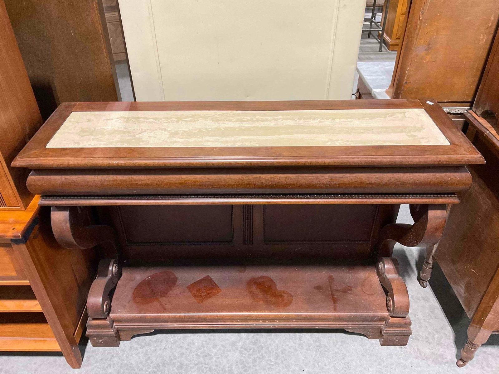 Vintage Empire Revival Mahagony Wood Console Table w/ Cream Stone Insert. Fair Condition. (1 of 4)