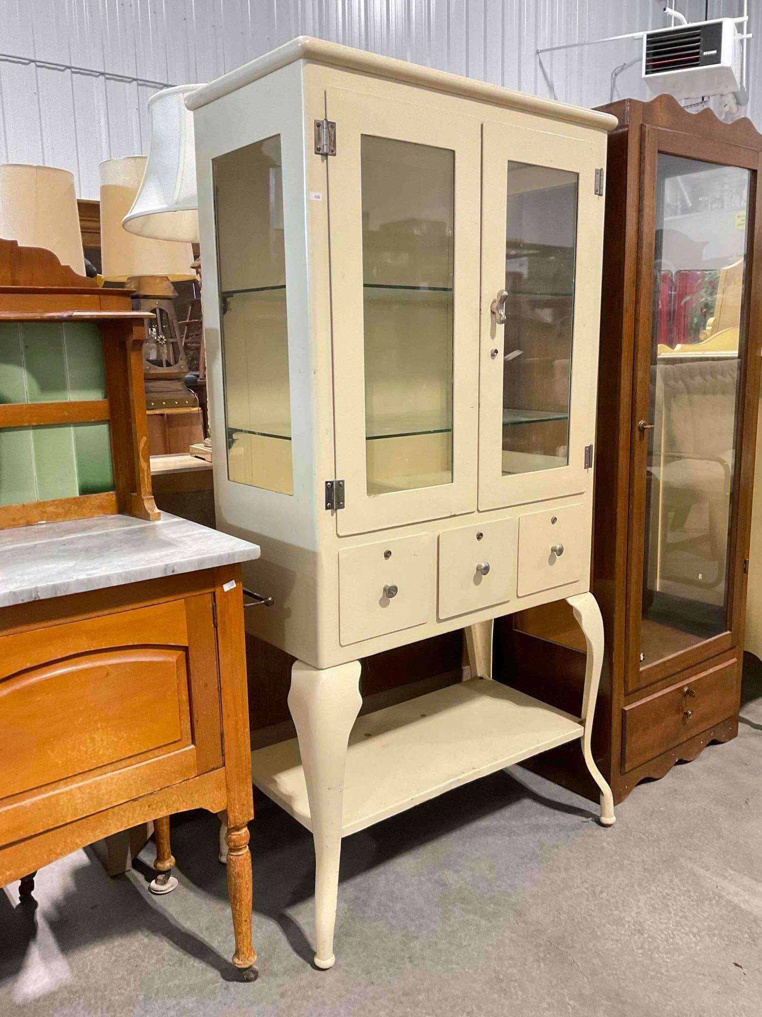 Antique Cream Enameled Metal Medical Cabinet w/ Glass Fronted Doors & 2 Shelves. Good Cond. - 2