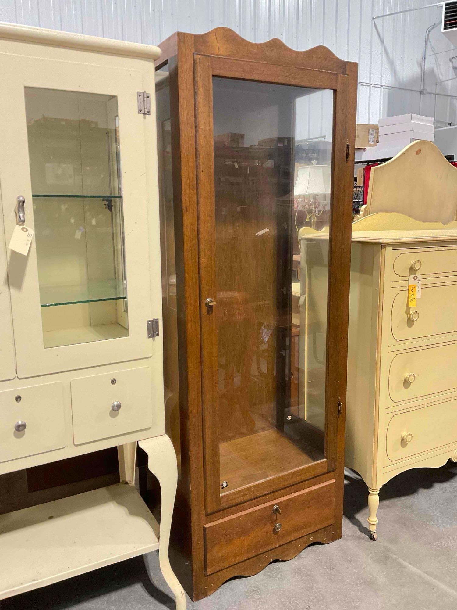 Vintage Walnut? Wood Glass Fronted Display Cabinet w/ Locking Door & Drawer. Good Condition. - 2