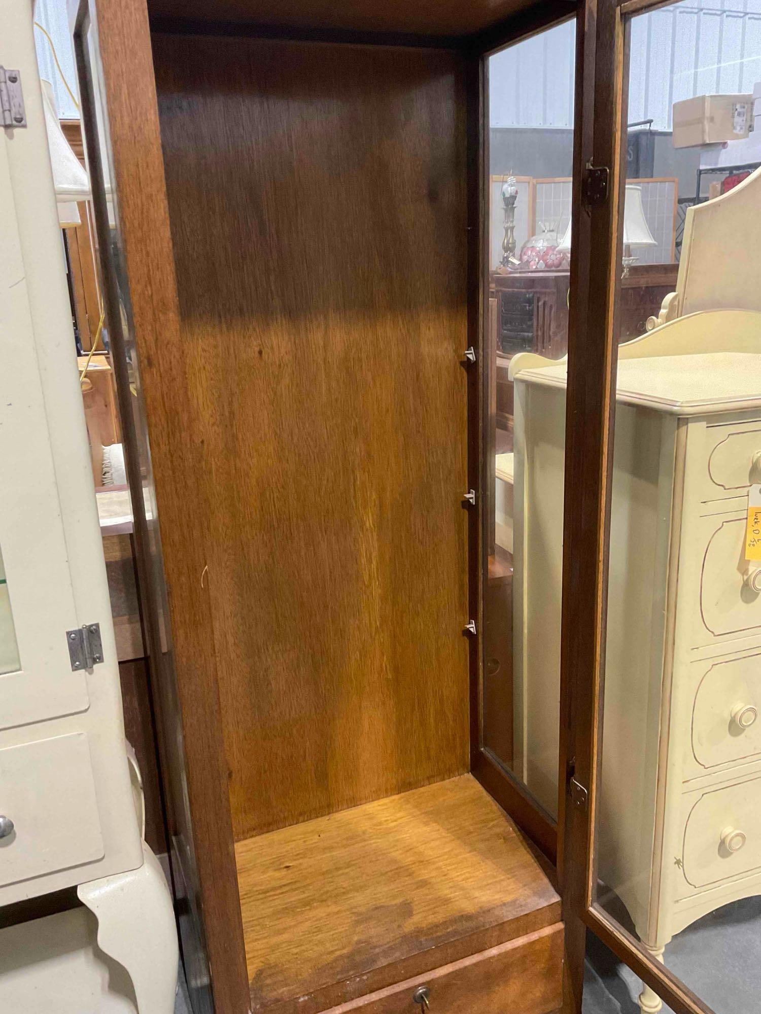 Vintage Walnut? Wood Glass Fronted Display Cabinet w/ Locking Door & Drawer. Good Condition. - 7