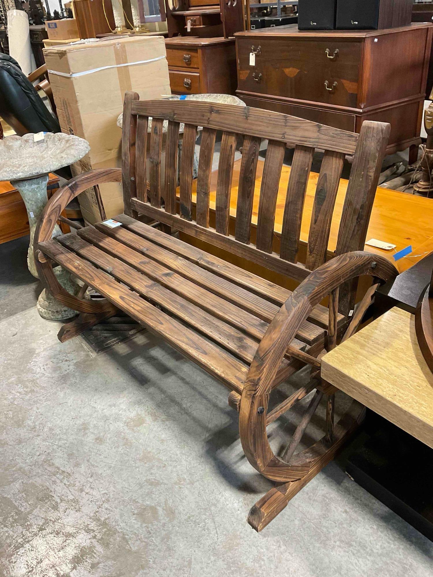 Village Green Pine? Wood Garden Bench w/ Wagon Wheel Design & Dark Stain. Good Condition. - 2