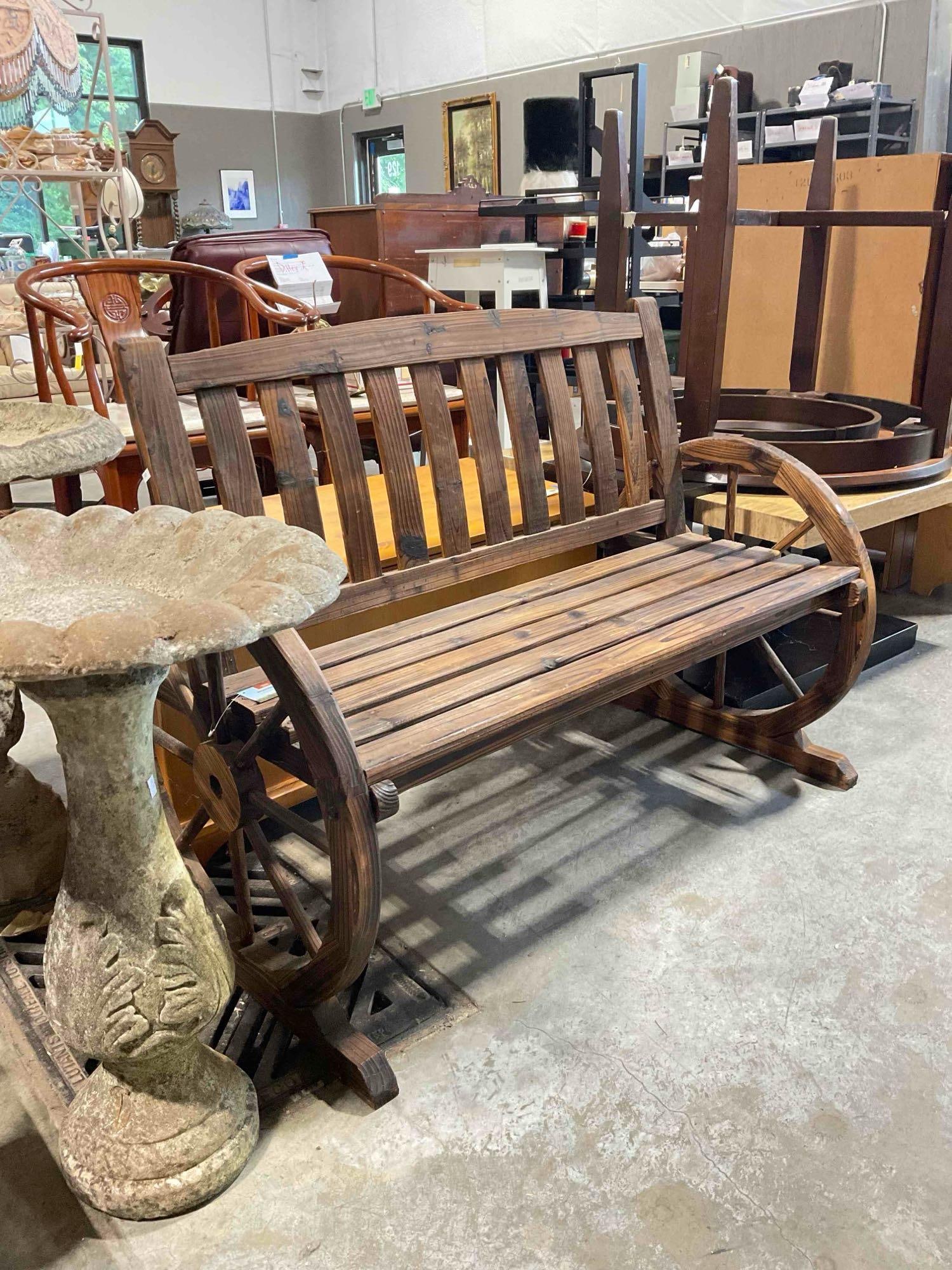 Village Green Pine? Wood Garden Bench w/ Wagon Wheel Design & Dark Stain. Good Condition. - 3