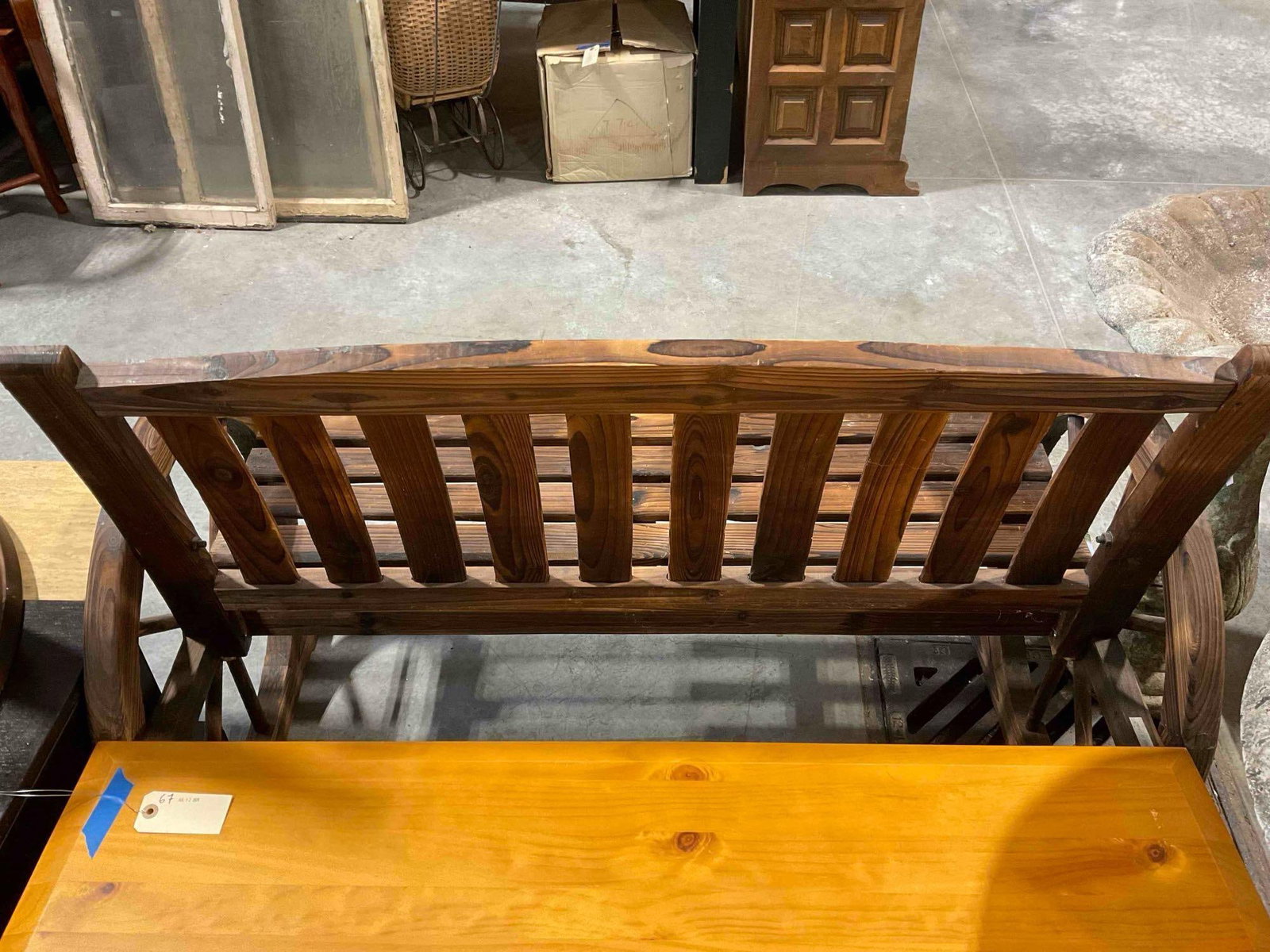 Village Green Pine? Wood Garden Bench w/ Wagon Wheel Design & Dark Stain. Good Condition. - 4