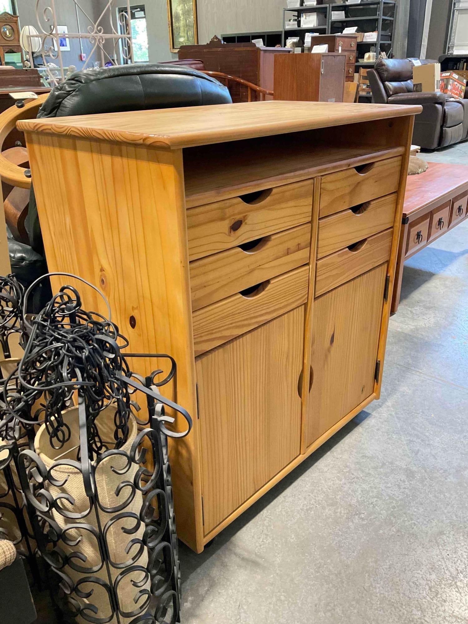 Pine Wood Rolling Cabinet w/ 6 Drawers, Storage Shelf & 2 Cupboards. Good Condition. See pics. - 2