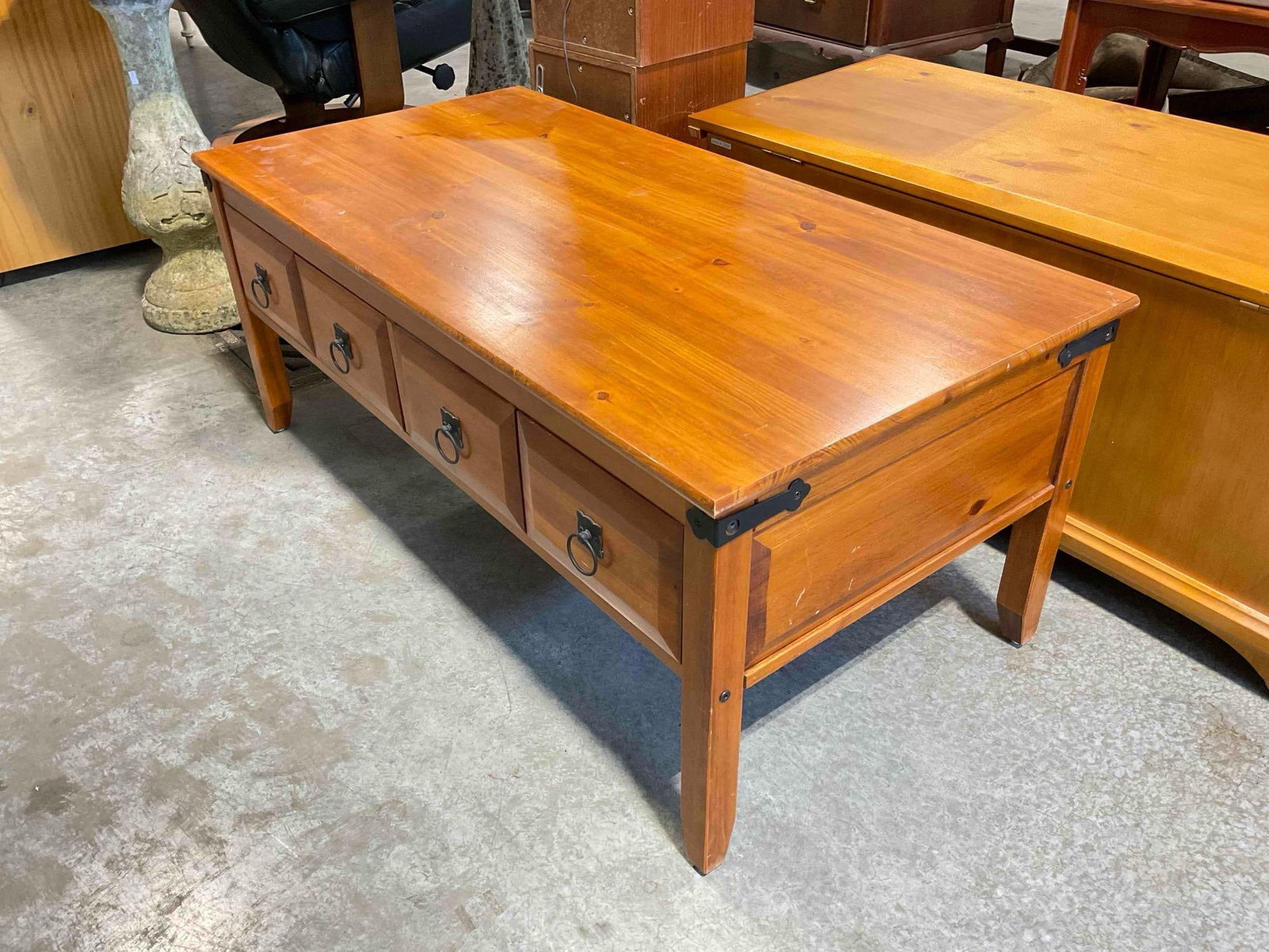 Home Designs Cherry Wood Coffee Table w/ 4 Drawers & Black Metal Accents. Good Cond. - 2
