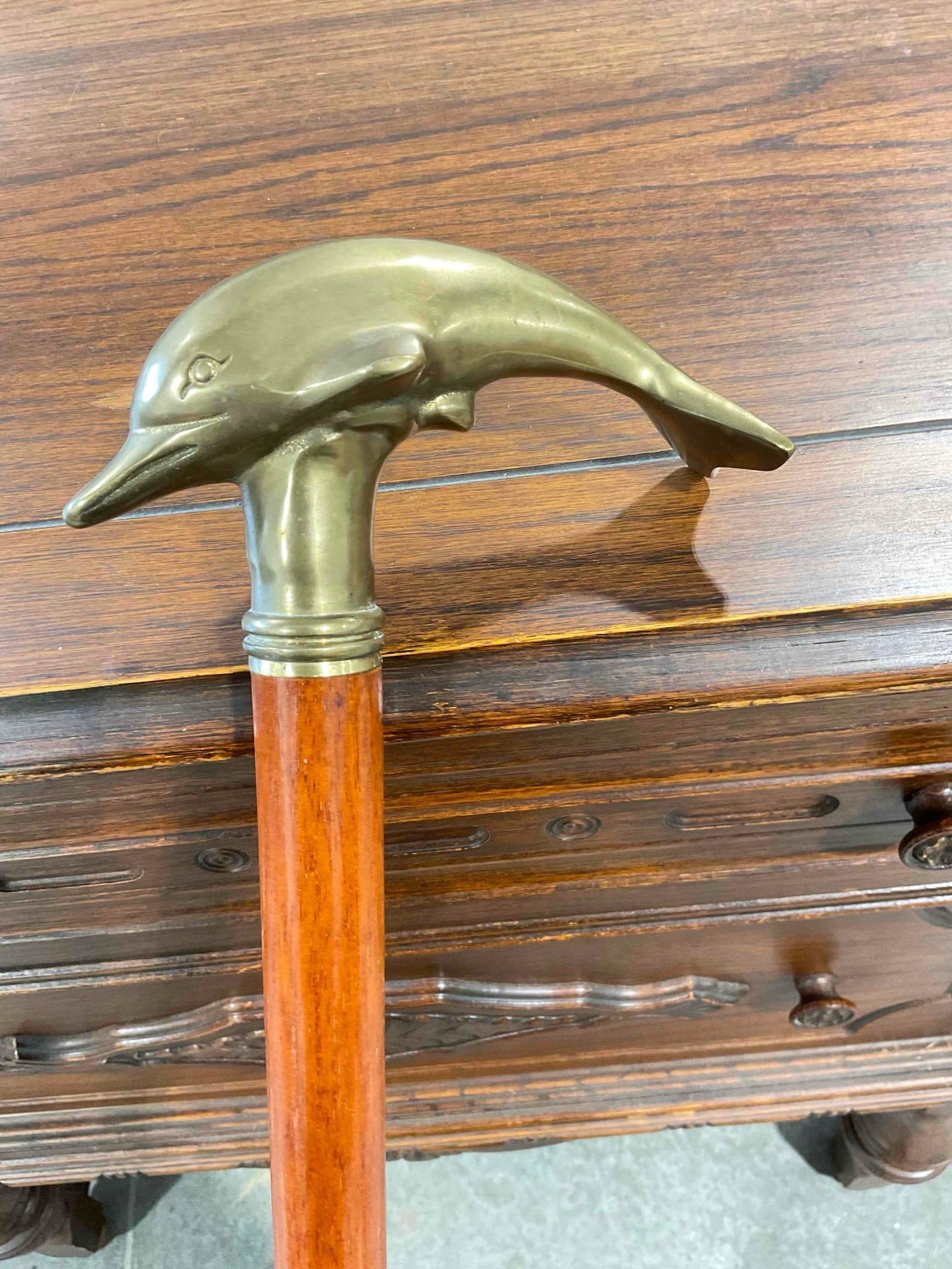 Handsome Vintage Wood Cane Walking Stick w/ Brass Dolphin Handle. Good Condition. See pics. - 2