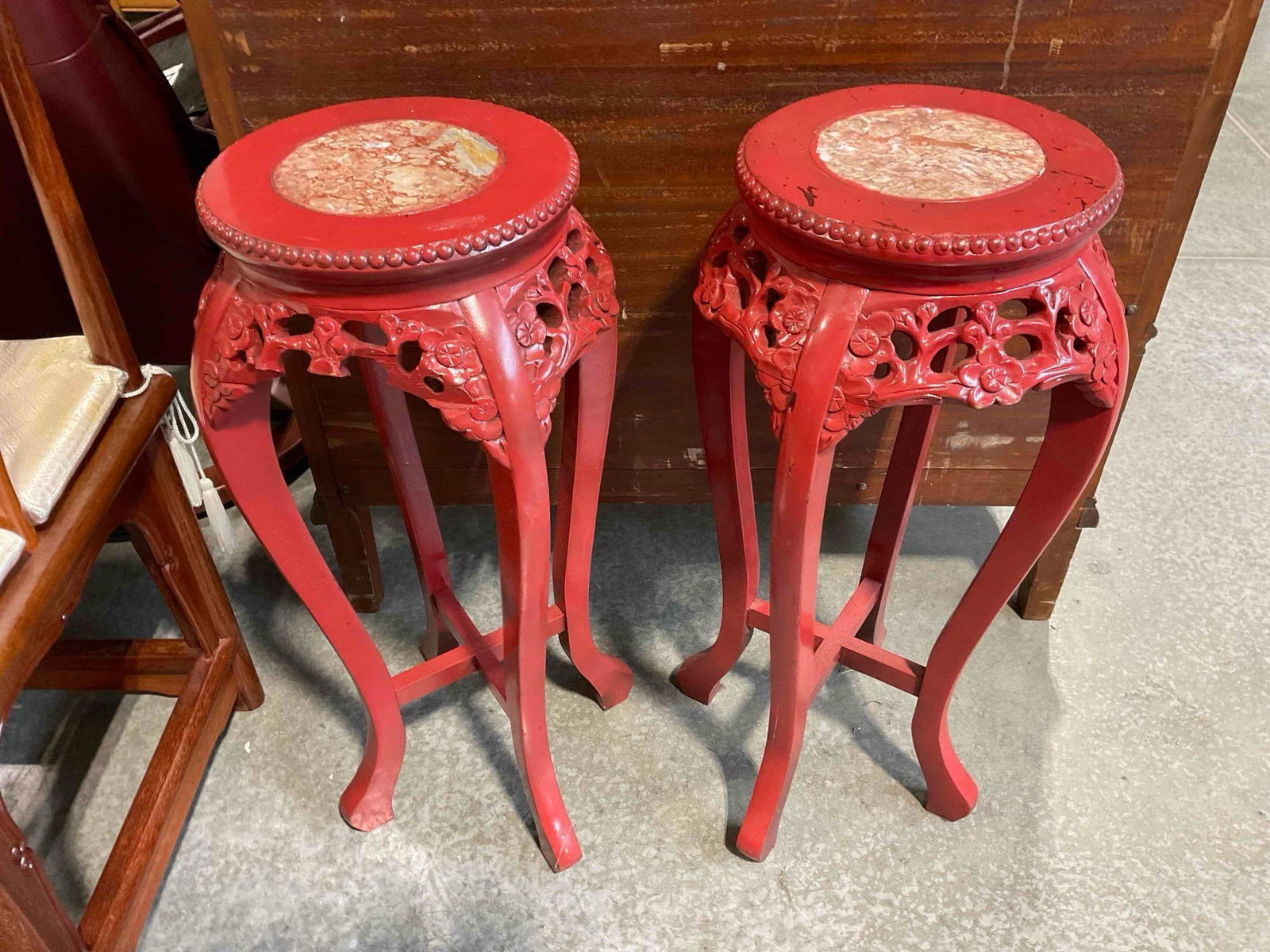 Pair of Red Painted Asian Style Planter Stand Side Tables w/ Stone Insert & Floral Accents. - 7