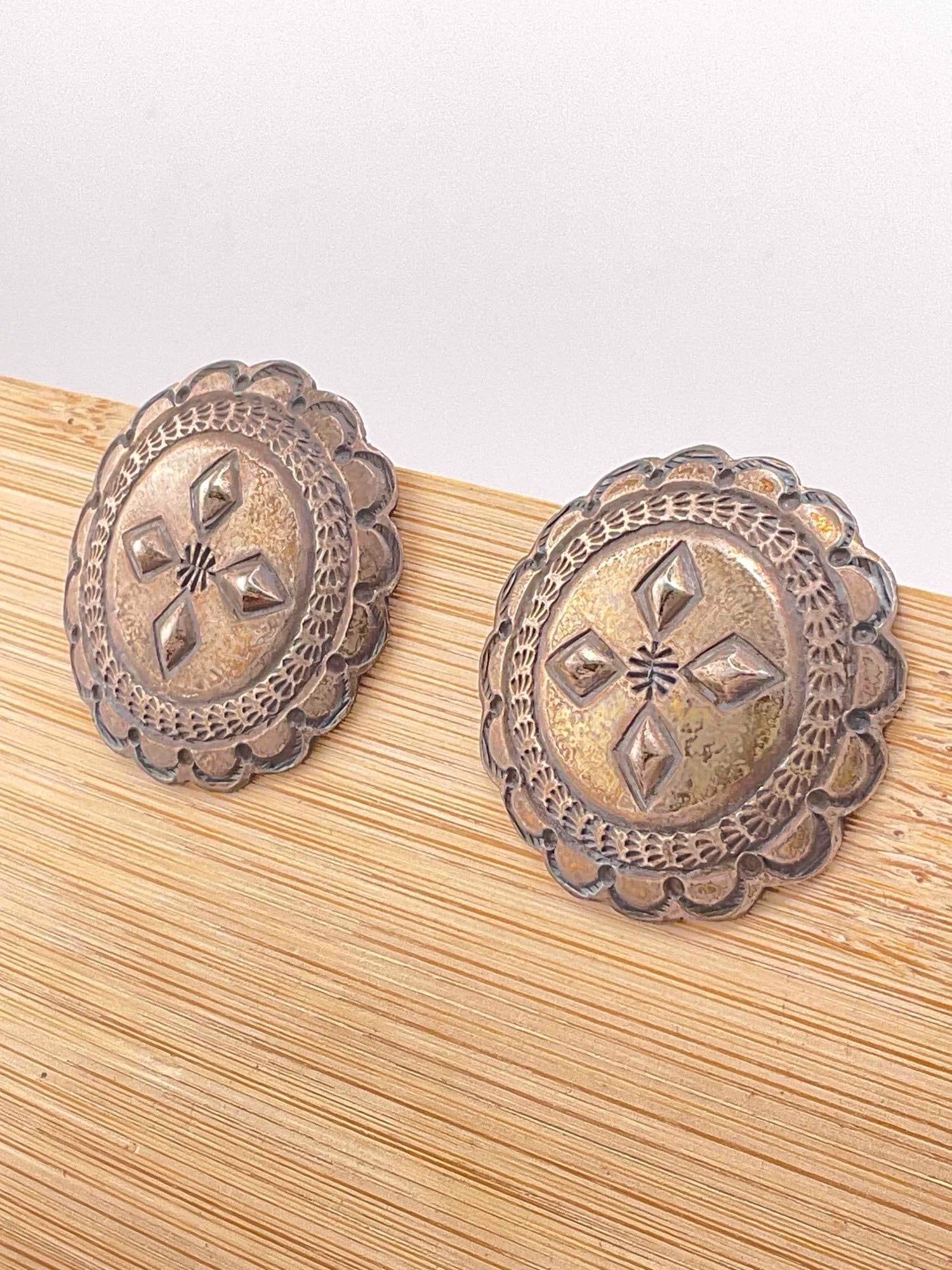 Vintage Native American Sterling Silver Post Earrings w/ Concho Design, Signed M. See pics. - 2