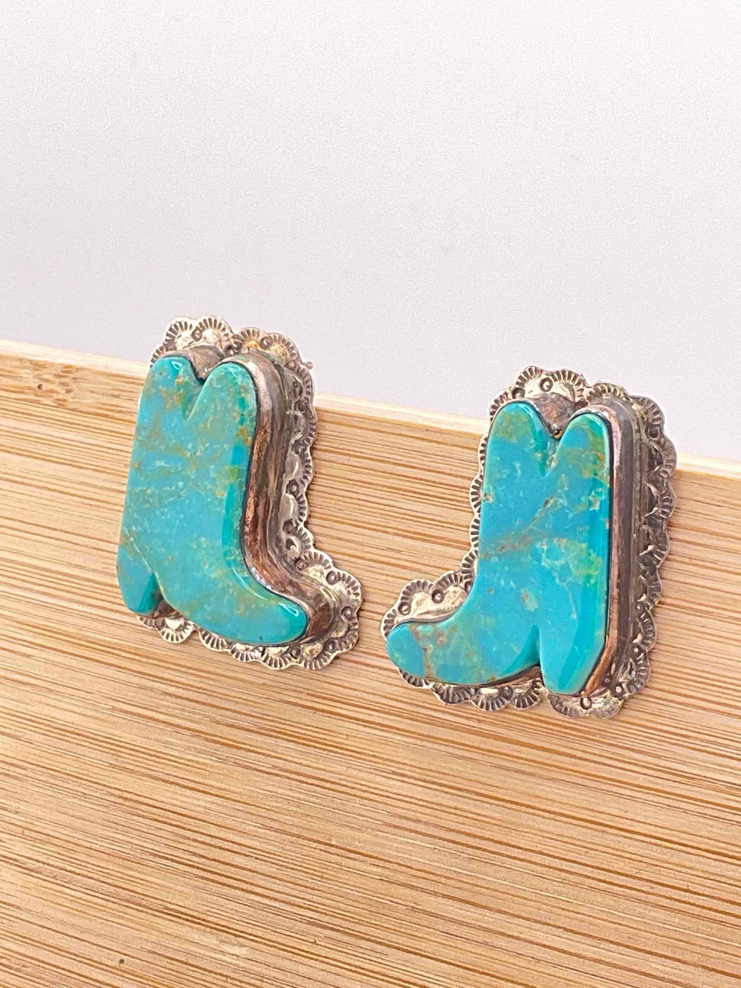 Vintage Carol Felley Sterling Silver Earrings w/ Turquoise Toned Setting & Cowboy Boot Design. - 2