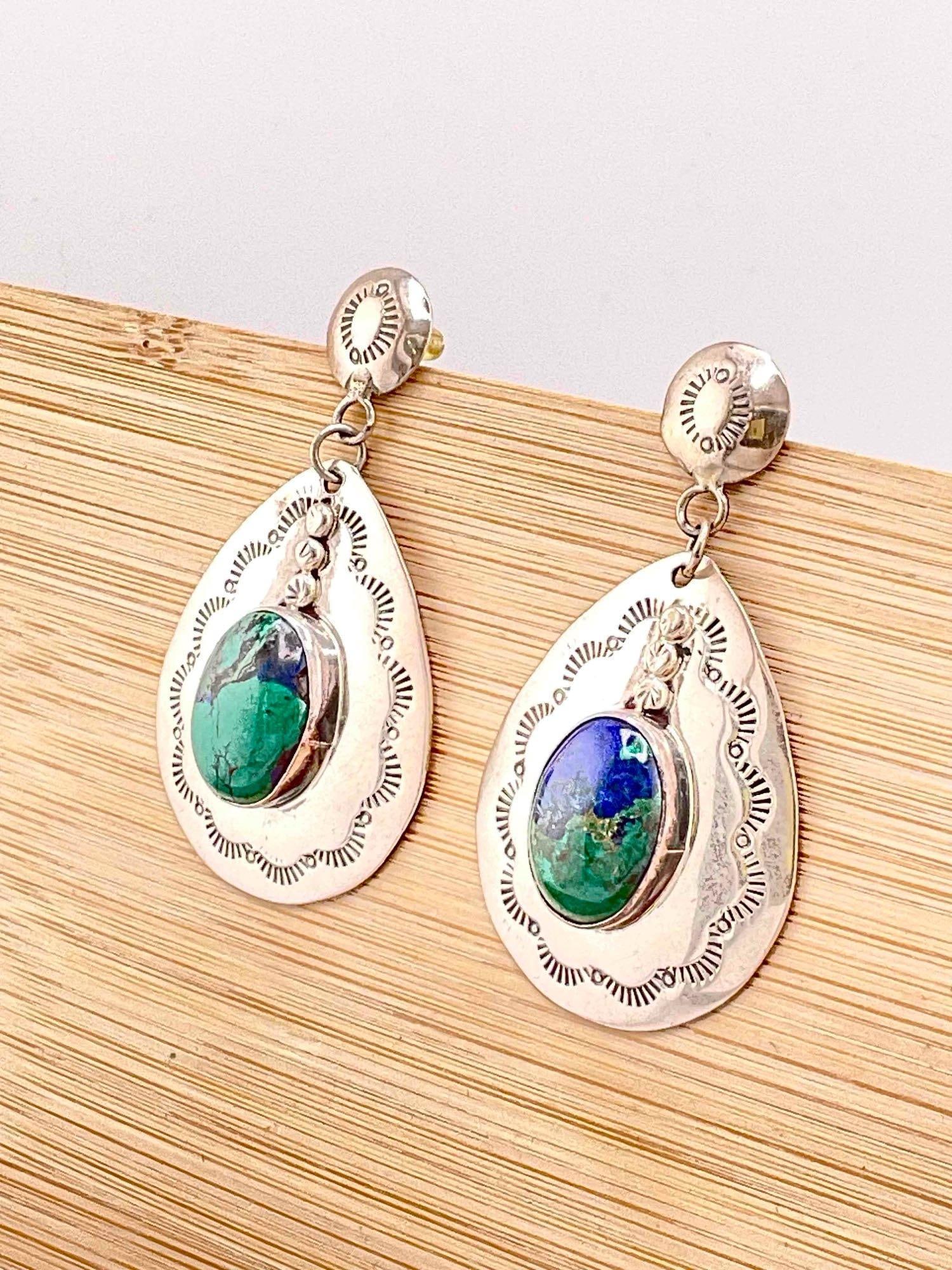 Native American Sterling Silver Earrings w/ Azurite & Malachite Toned Setting, Signed Nakai. - 2