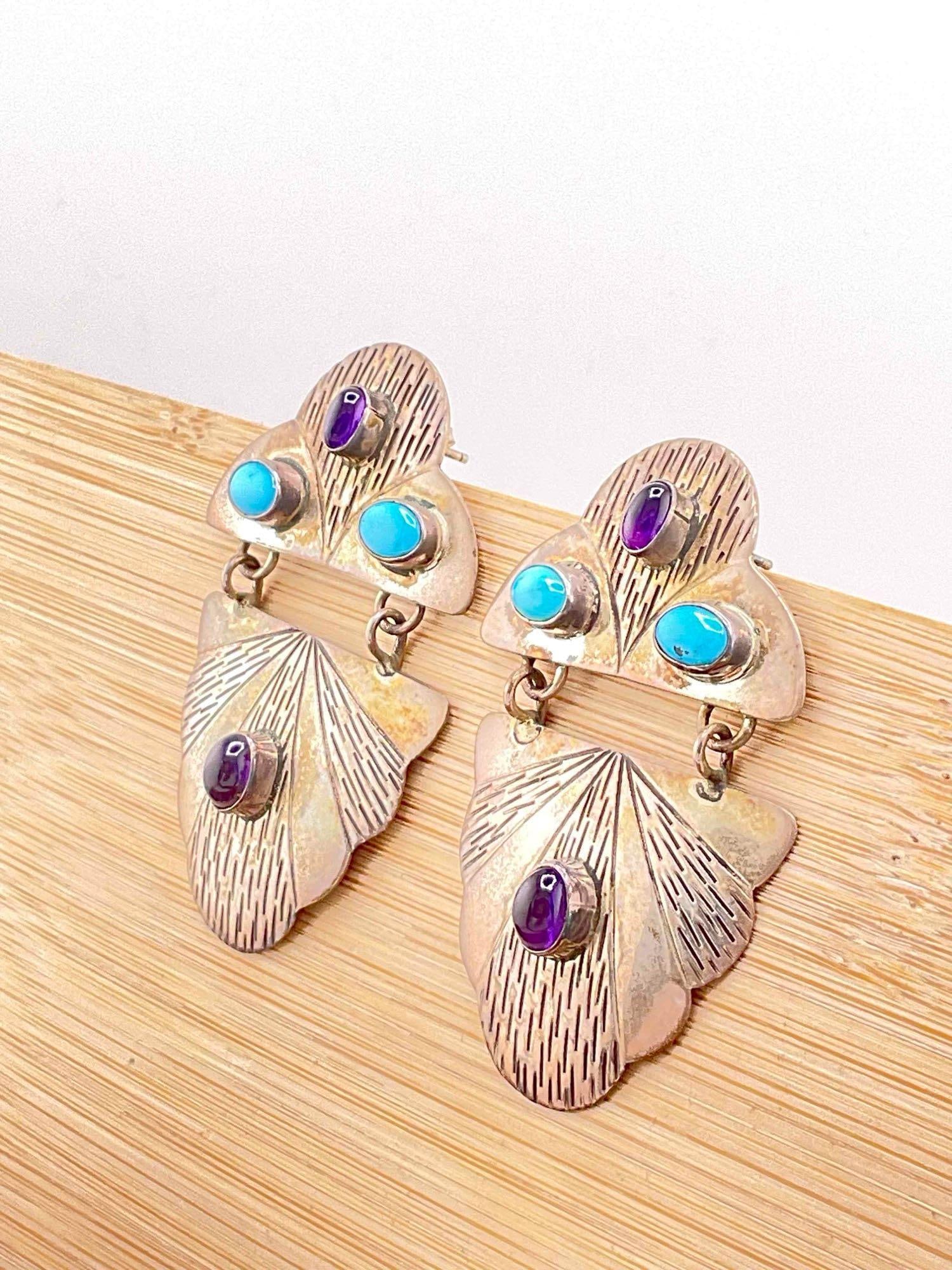 Vintage Carol Felley Sterling Silver Earrings w/ Amethyst & Turquoise Toned Settings. See pics. - 2