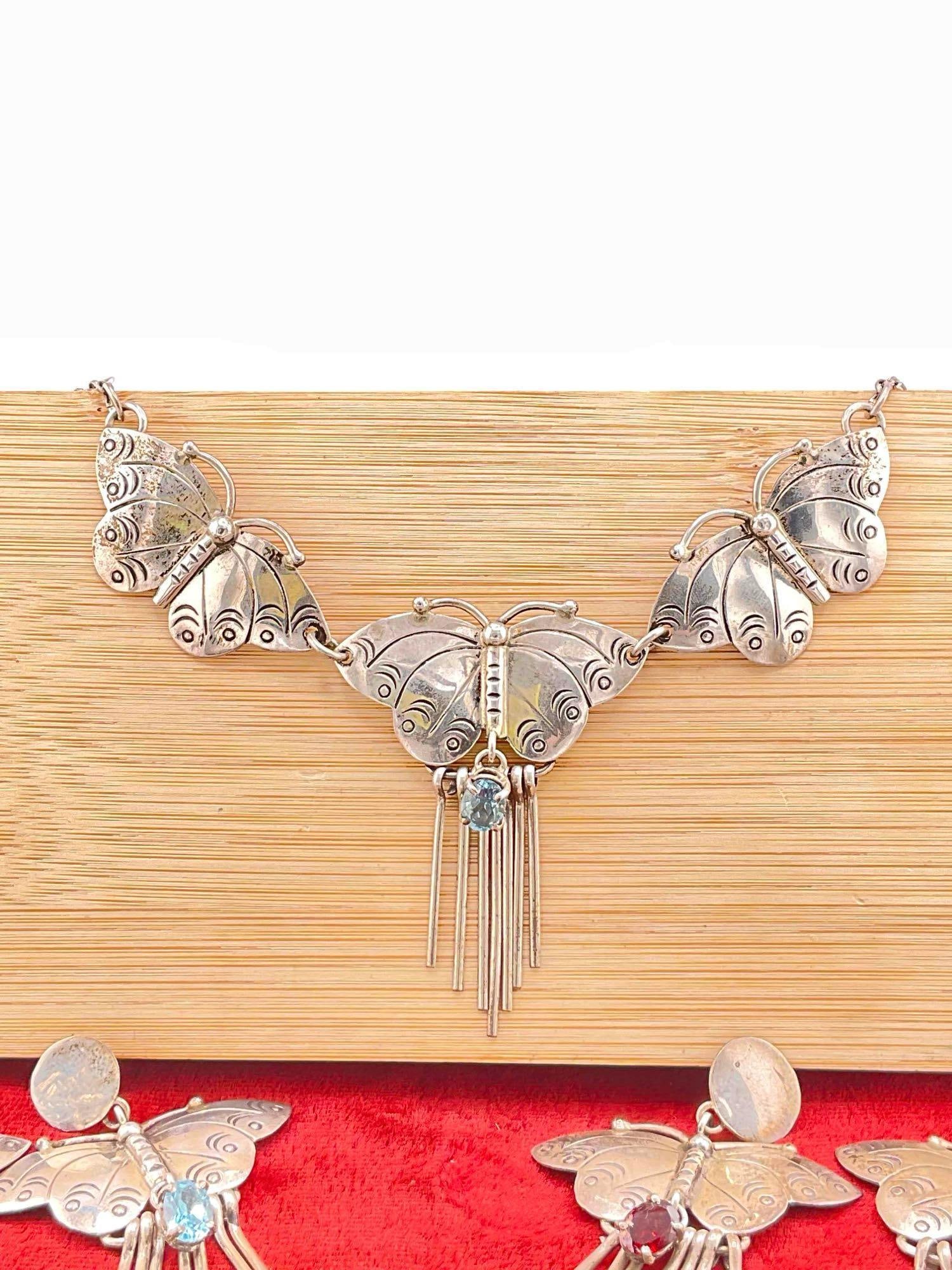 3 pcs Vintage Carol Felley Sterling Silver Jewelry w/ Multicolor Toned Setting & Butterfly Design. - 2