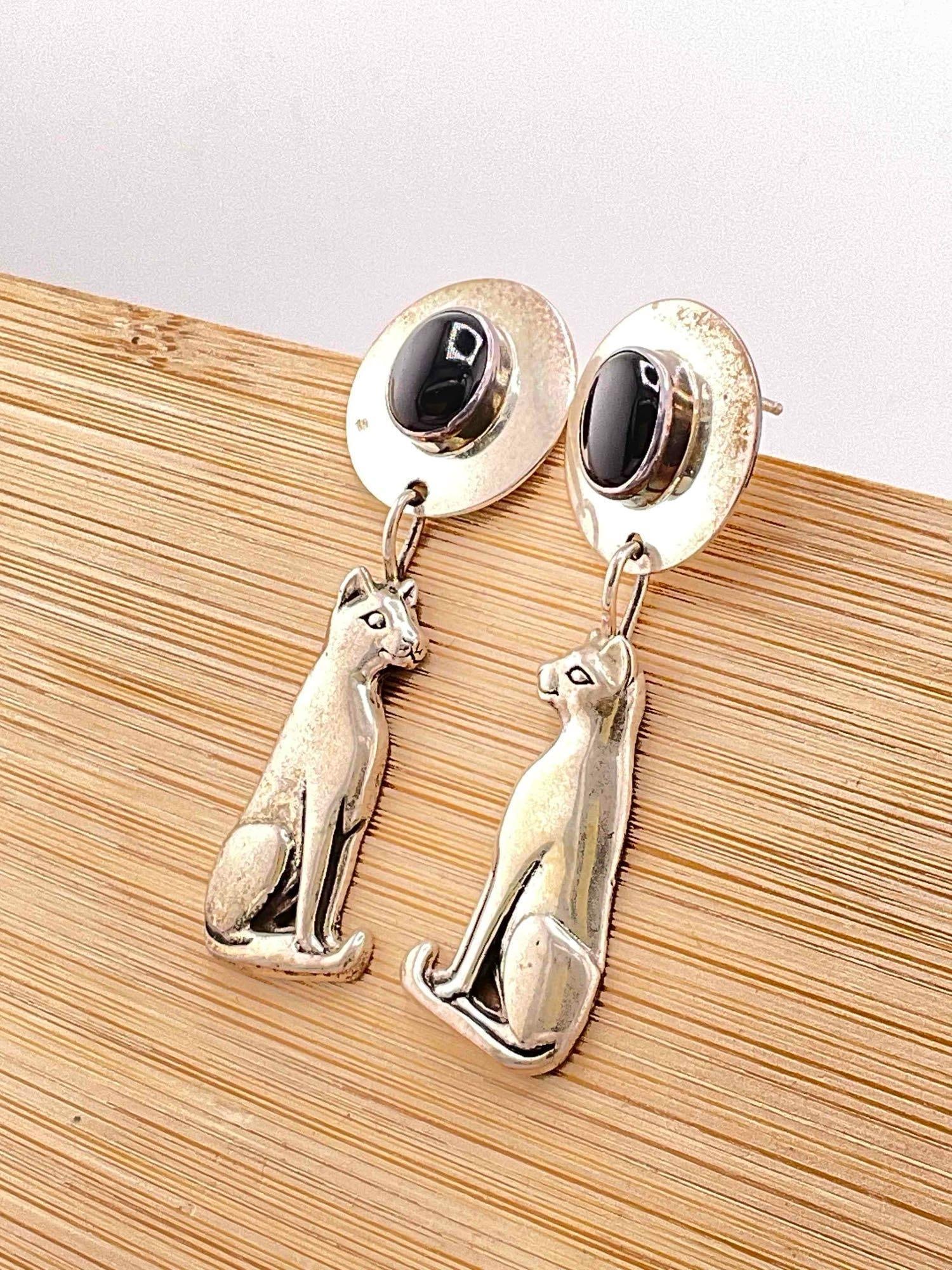 Vintage Carol Felley Sterling Silver Earrings w/ Black Onyx Toned Setting & Cat Design. See pics. - 2