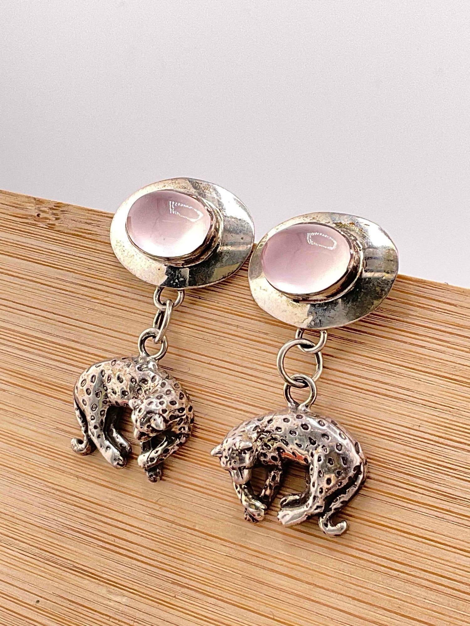 Vintage Carol Felley Sterling Silver Earrings w/ Rose Quartz Toned Setting & Leopard Design. - 2