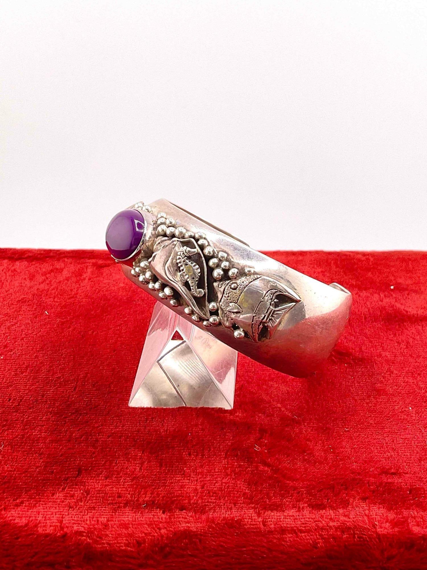 Vintage Carol Felley Sterling Silver Cuff Bracelet w/ Sugilite Toned Setting & Marine Design. - 2