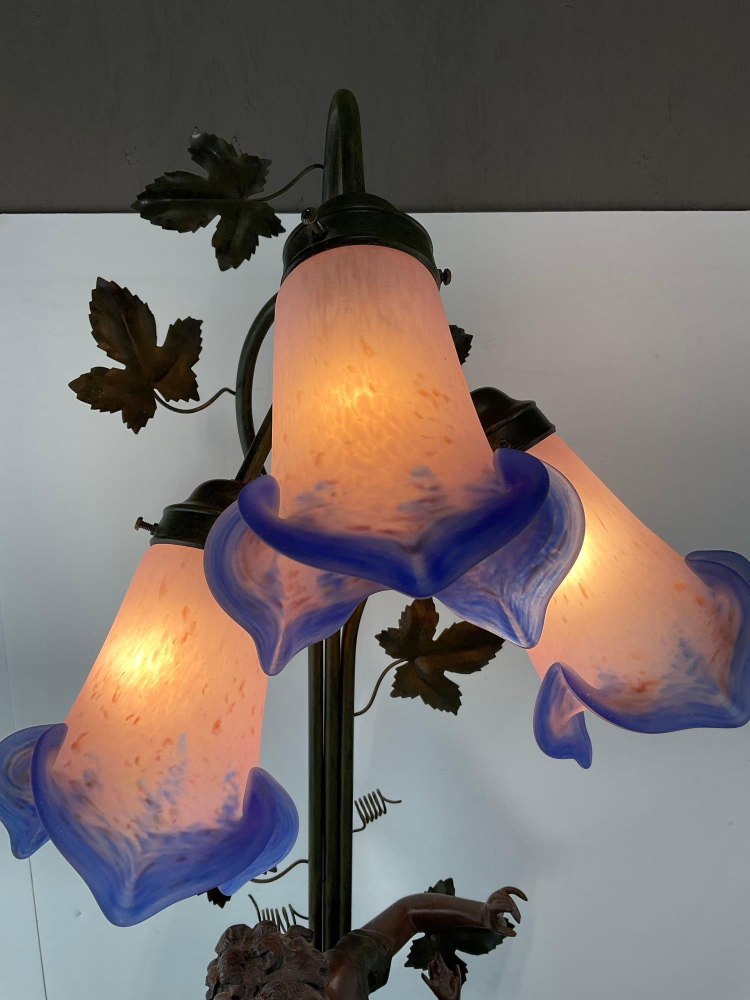 Lovely Figural Composite 3 Light Lamp w/Blue/Pink Ombre Shades, 4 Deer Leg Base, 42 inch - 2