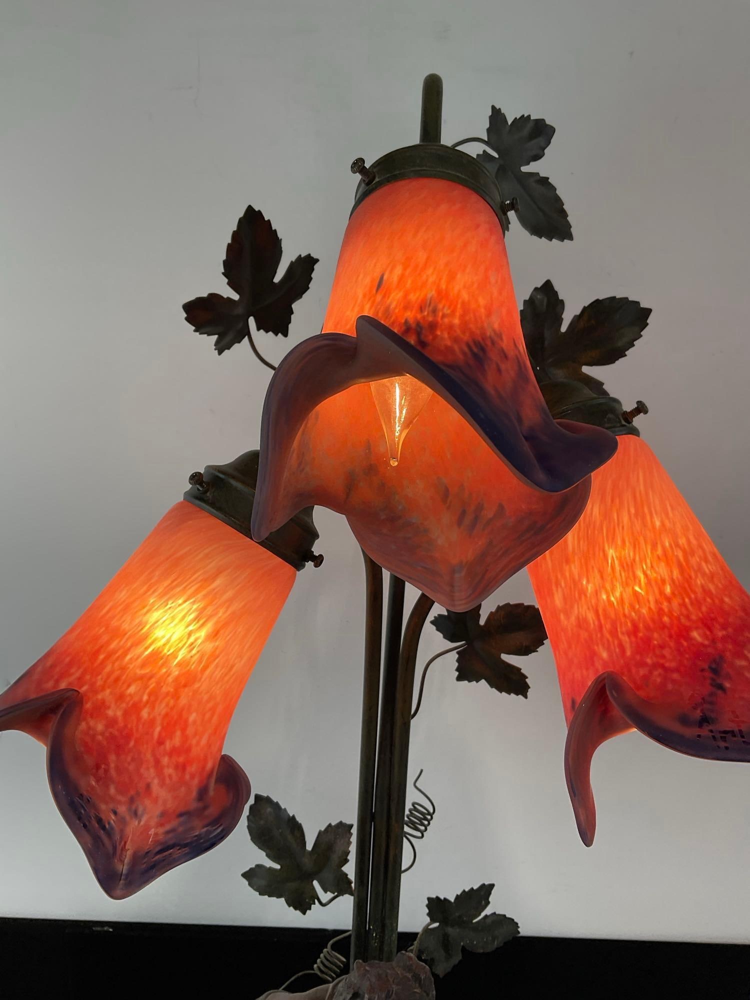 3 Light Lamp w/Blue/Orange Ombre Shades, Figural Composite Base, Mother & Child, 34 inches - 2