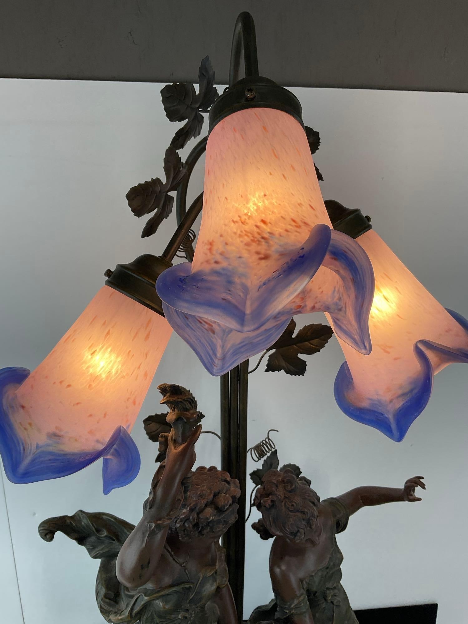 Figural Composite 3 Light Lamp w/Blue/Pink Ombre Shades, Cherub style Women & Child - 2
