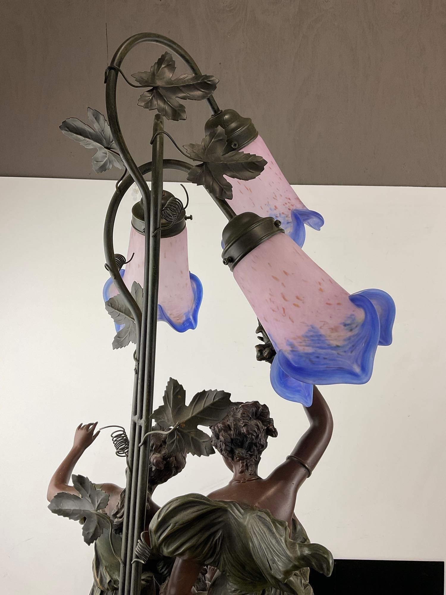 Figural Composite 3 Light Lamp w/Blue/Pink Ombre Shades, Cherub style Women & Child - 7