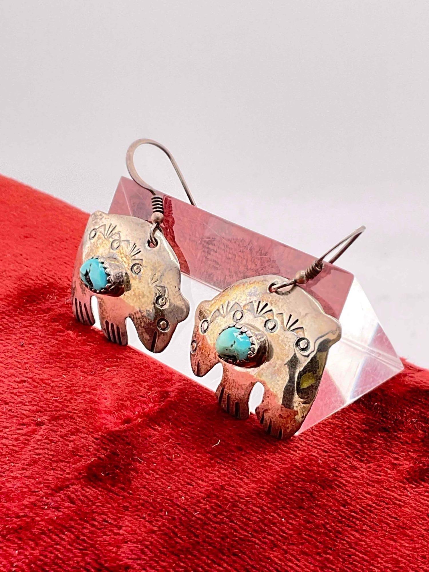 SW Style Sterling Silver Bear Earrings w/ Turquoise Toned Setting. See pics. - 2