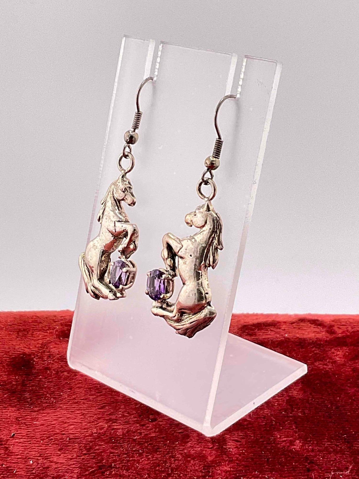 Vintage Carol Felley Sterling Silver Earrings w/ Amethyst Toned Setting & Horse Design. See pics. - 2