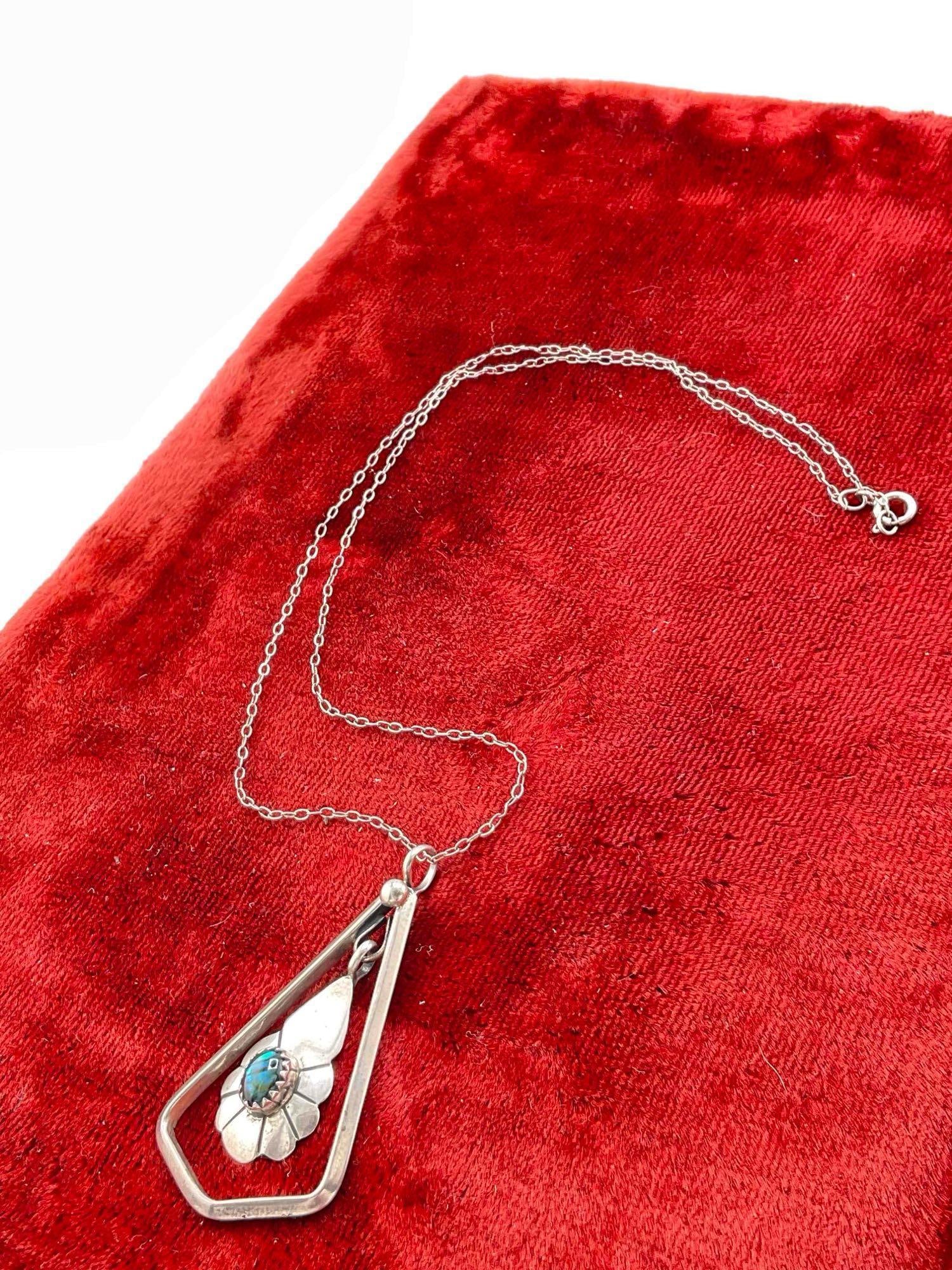 Sterling Silver & Dyed Abalone Toned Setting Pendant on Fine Sterling Silver Chain Necklace. - 2