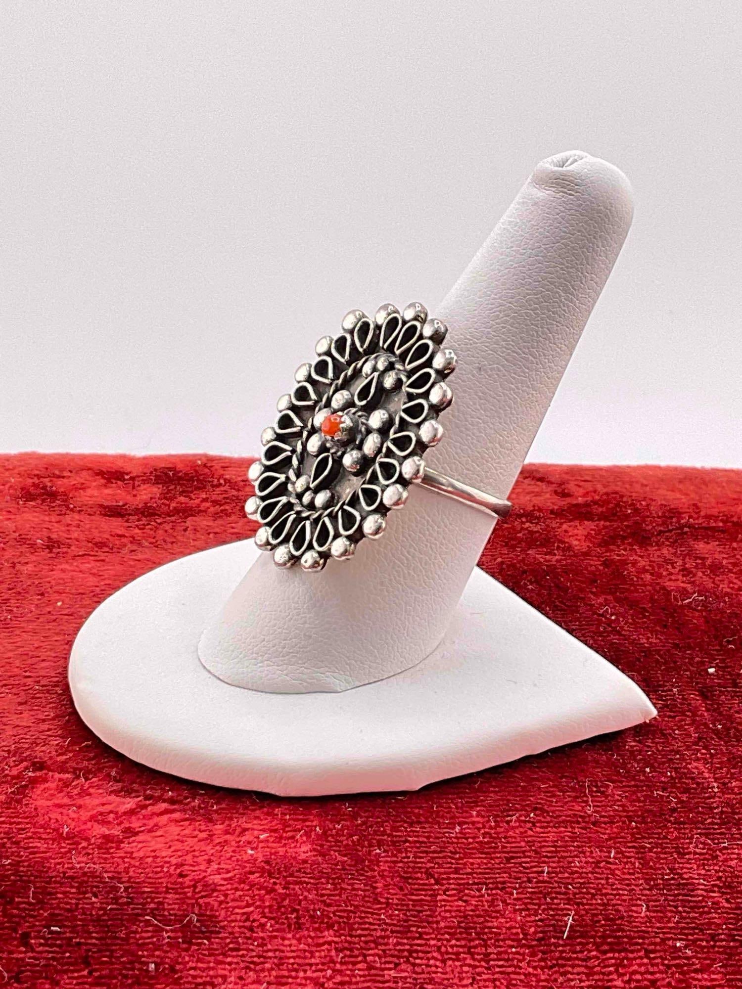 Sterling Silver Ring w/ Coral Toned Setting, Size 8.5 - 2