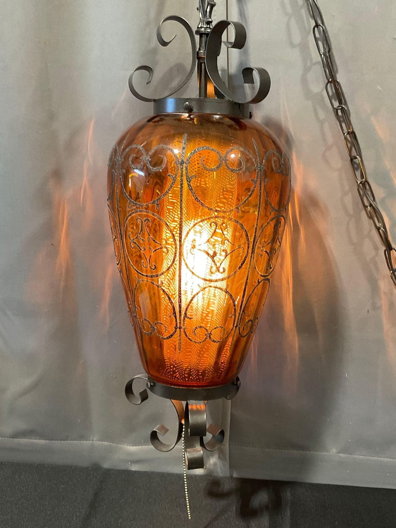 Lovely Chain Hanging Swag Lamp, Amber Glass Shade, 23h x 10w x 10d inches, tested & working - 2