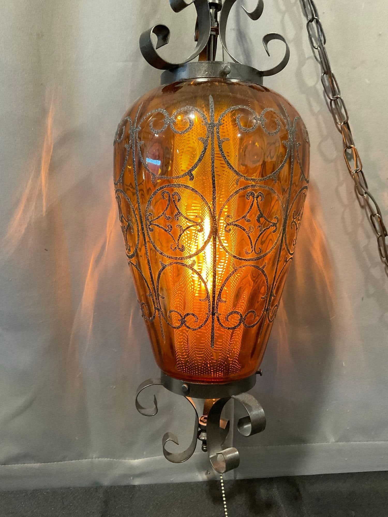 Lovely Chain Hanging Swag Lamp, Amber Glass Shade, 23h x 10w x 10d inches, tested & working - 3