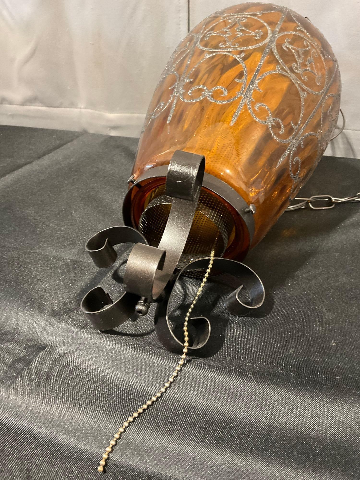 Lovely Chain Hanging Swag Lamp, Amber Glass Shade, 23h x 10w x 10d inches, tested & working - 4