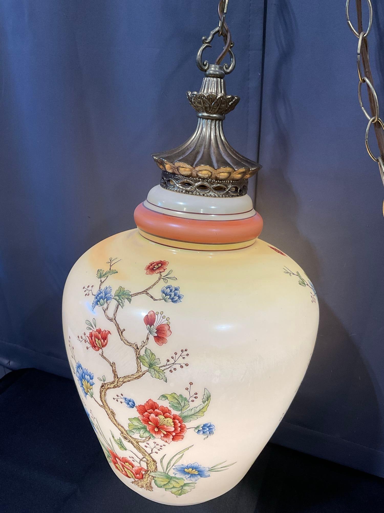 Vintage Floral Swag Lamp, Glass Shade, Carl Falkenstein Design #4086, 22h x 12w x 12d inches - 2